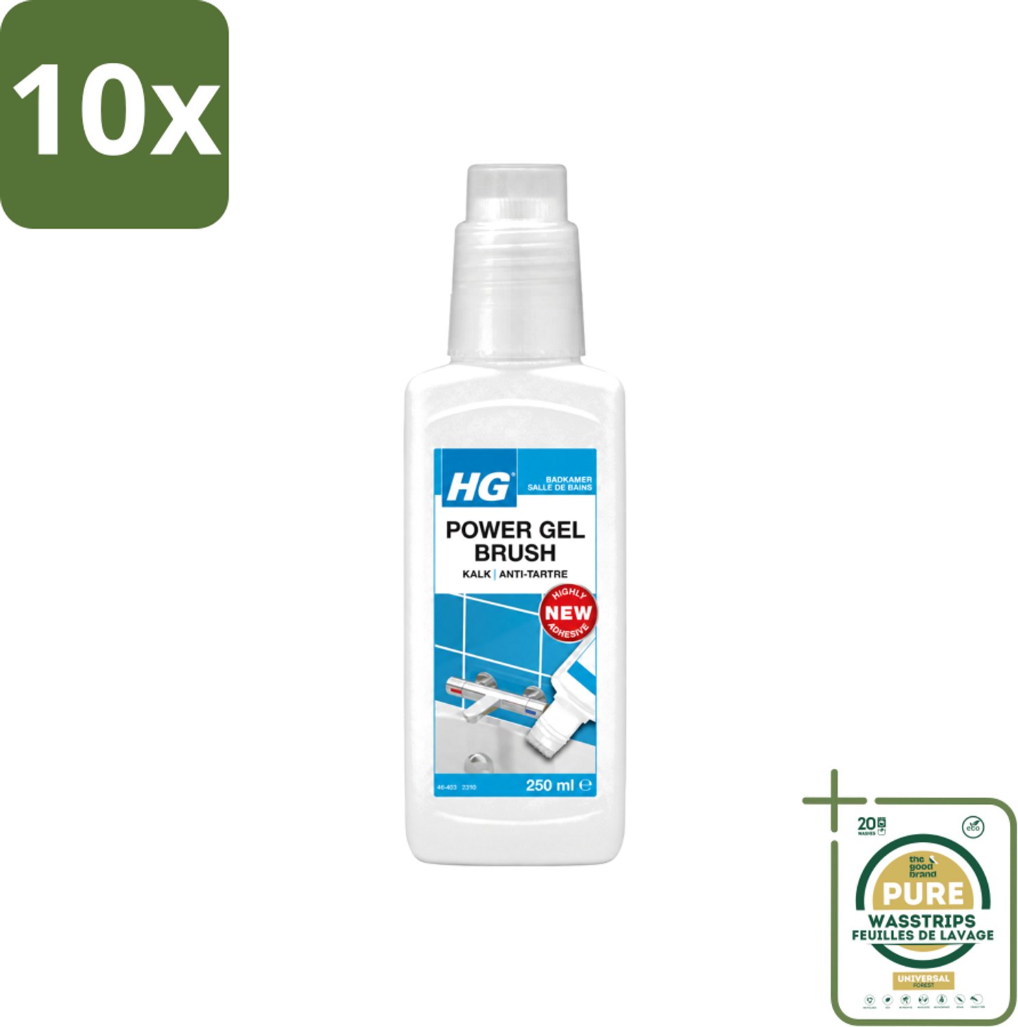 10 x HG - Badkamer - Power Gel Brush - Kalk - Agressief - 250 ml - Wasstrips - Kalk Verwijderen - Badkamer Schoonmaken - Kalk Oplossen - Douchewand Reinigen - Kraan Reinigen