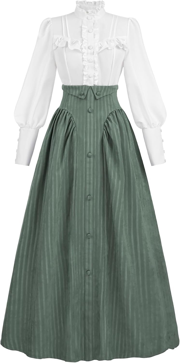 Kleding dames feestelijke jurken voor dames Victoriaanse jurk carnavalskostuum dames exclusieve blouse en rok, groen, XL