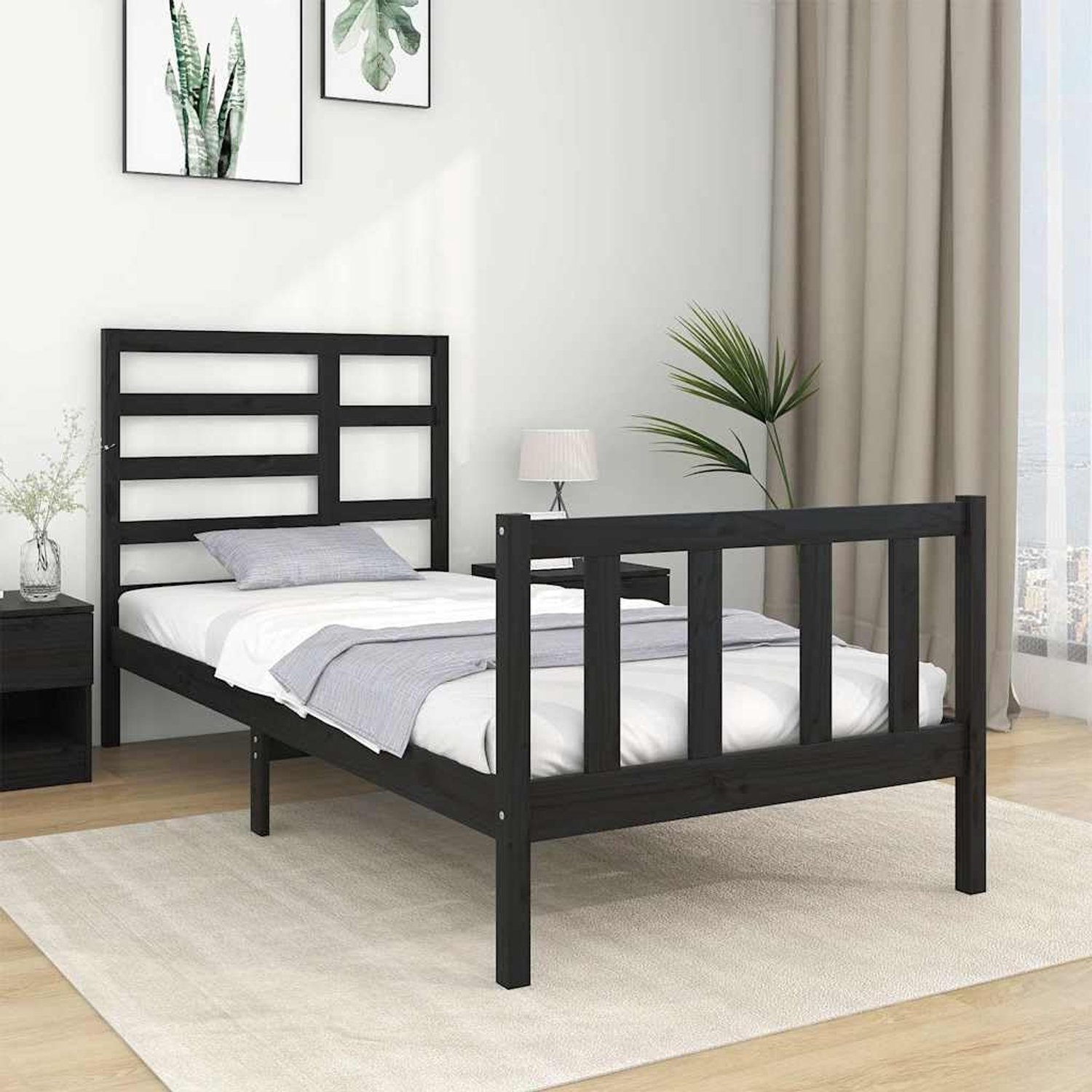 Massief hout zwart 75x190 cm stevig eenpersoonsbed met lattenbodem en design hoofdeinde voor kleine ruimtes en moderne slaapkamer