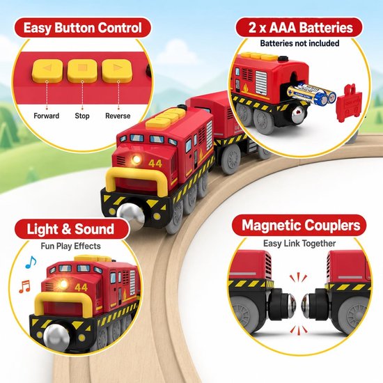 Trein, speelgoed voor kinderen, 3, 4, 5, 6 jaar, elektrische actietrain met batterijen, voertuigen met geluid en licht, spoorwegspeelgoed van hout, compatibel met Thomas Brio — afbeelding 4