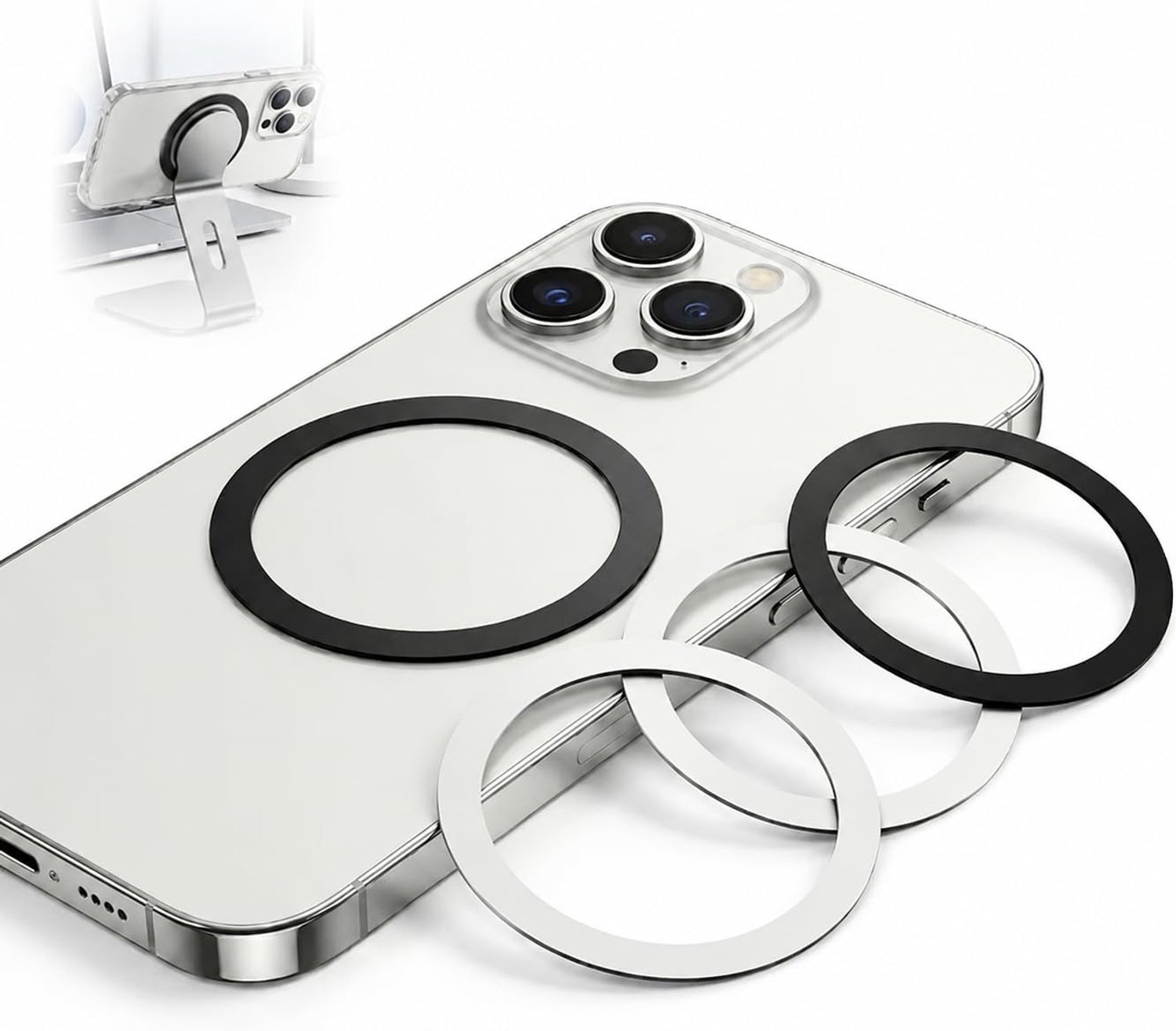 Ring, zelfklevend, 4 stuks, 0,3 mm, ultradun, zwart, voor mobiele telefoon, tablet, e-reader, metalen ring, compatibel met MagSafe-accessoires en draadloos opladen, universele adapter