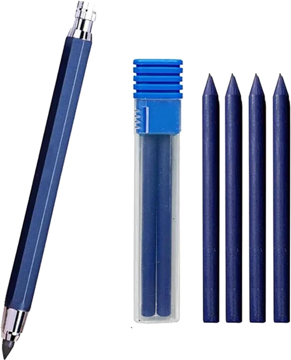 5,6 mm metalen mechanische potloodset met clip, metalen mechanische koppeling, grafiet potlood en 4 stuks lood voor bouw, ontwerptekening, knutselen, kunstschetsen (blauwe pen en 4 lead)