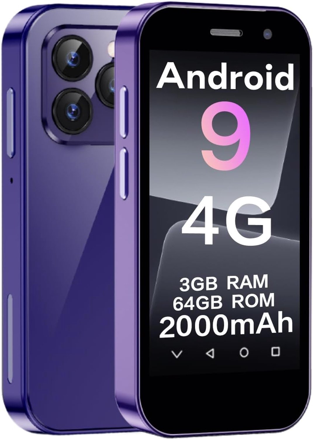 Mini-smartphone voor kinderen, 3-inch scherm, 2000 mAh, 3 GB RAM, 64 GB ROM 2.0 + 5.0 MP, ontgrendelen gezicht, 4G, geen contract, telefoon (paars)