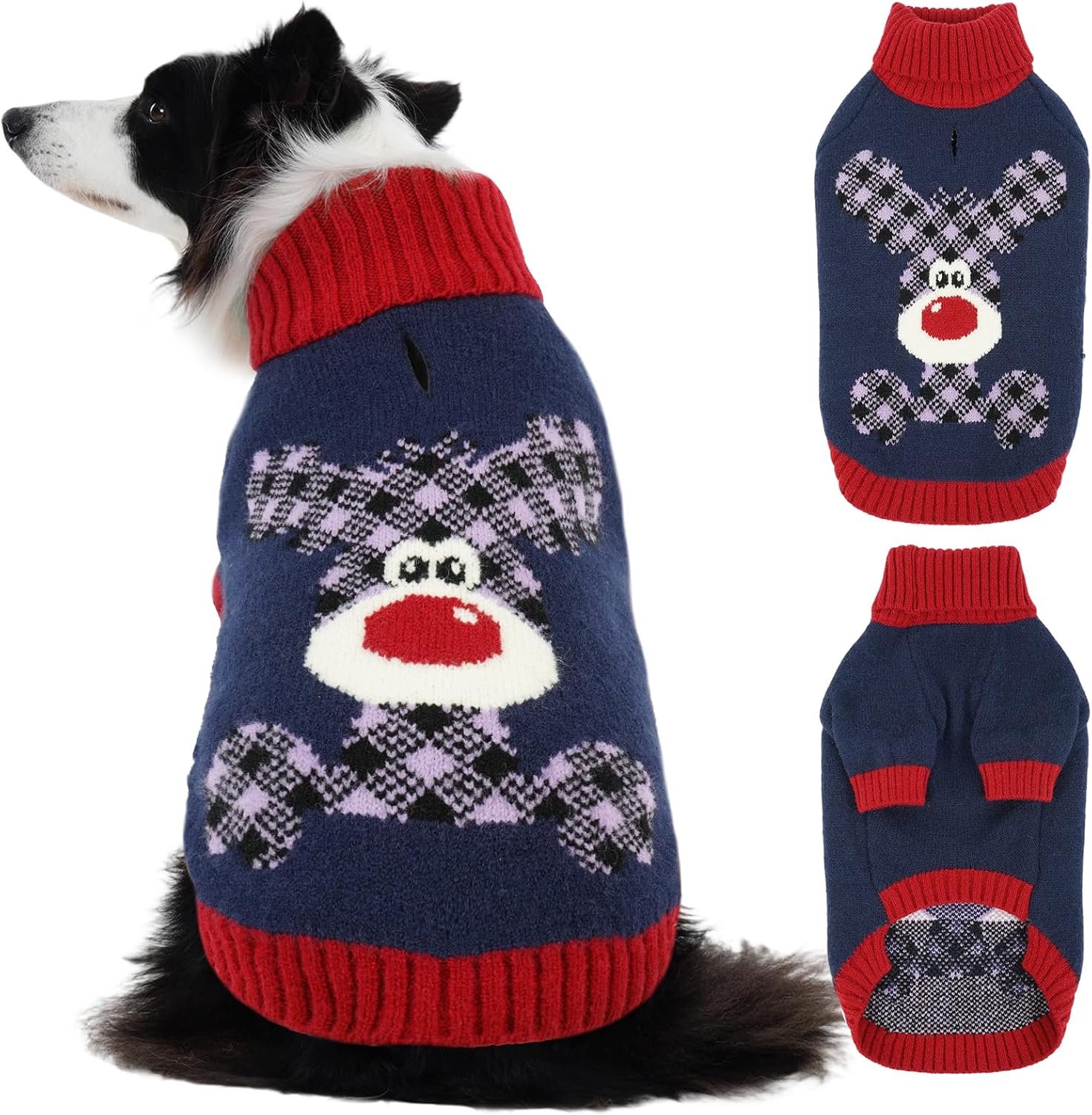 Kersttrui voor honden - feestelijk rendier en tartan gebreid | dik en warm met riemgat | Hoge hals | Ideaal voor cocker-spaniël, beagle, shiba inu, Staffordshire bull terrier (marineblauw, XL)