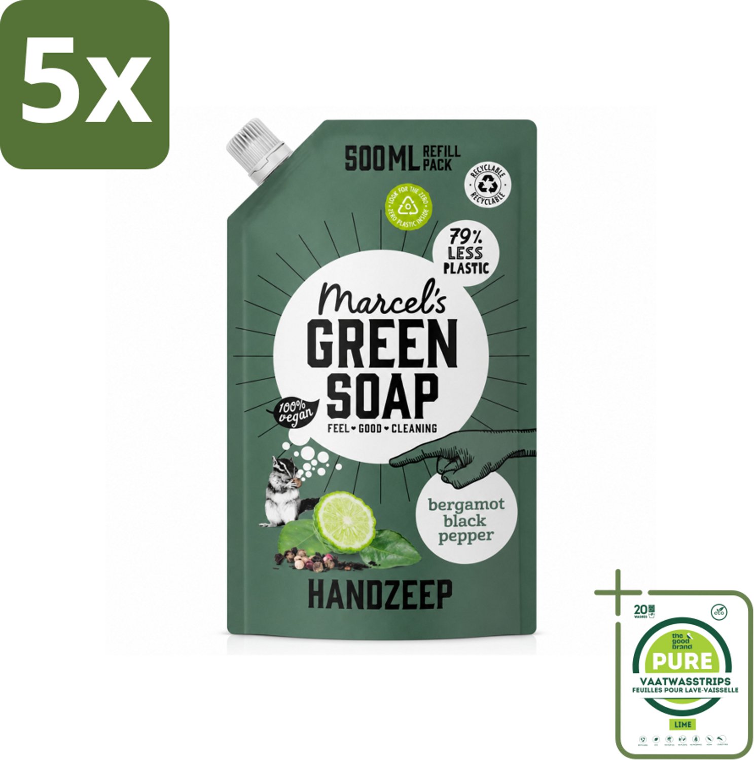 5 x Marcel's Green Soap - Handzeep - Bergamot & Black Pepper - Natuurlijke verzorging - 500 ml - Grootverpakking - Vaatwasstrips - Handzeep Navulling - Biologisch Afbreekbaar - Plantaardige Glycerine - Bergamot En Zwarte Peper - Duurzaamheid