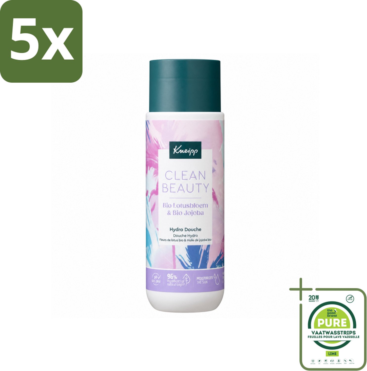 5 x Kneipp - Douchegel - Clean Beauty - Lotus & Jojoba - 200 ml - Grootverpakking - Vaatwasstrips - Douchegel - Natuurlijke Reiniging - Biologische Douchegel - Huidverzorging - Lotusbloem