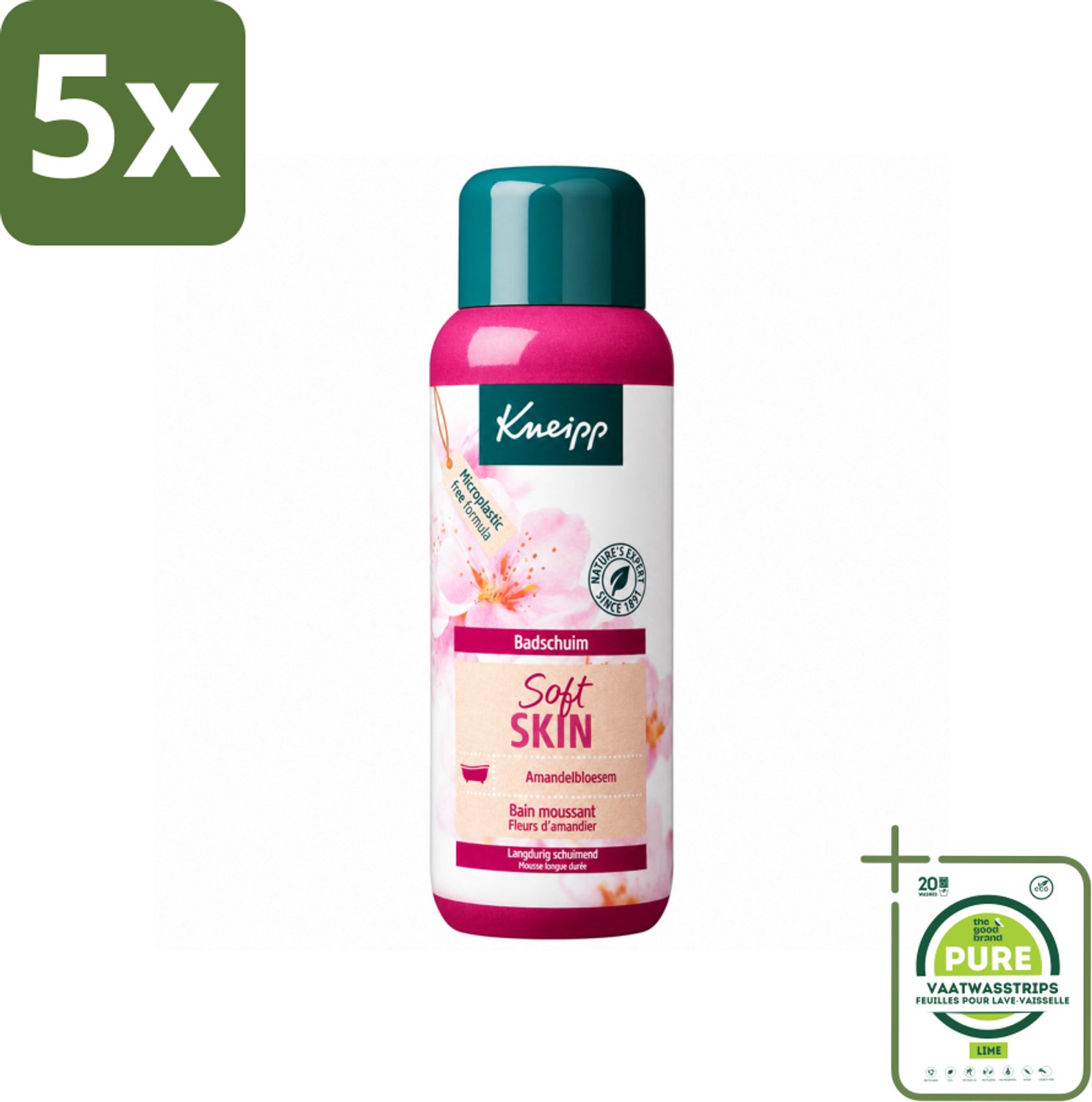 5 x Kneipp - Badschuim - Amandelbloesem - Voor droge en gevoelige huid - 400 ml - Grootverpakking - Vaatwasstrips - Badshuid - Droge Huid - Gevoelige Huid - Amandelolie - Badschuim