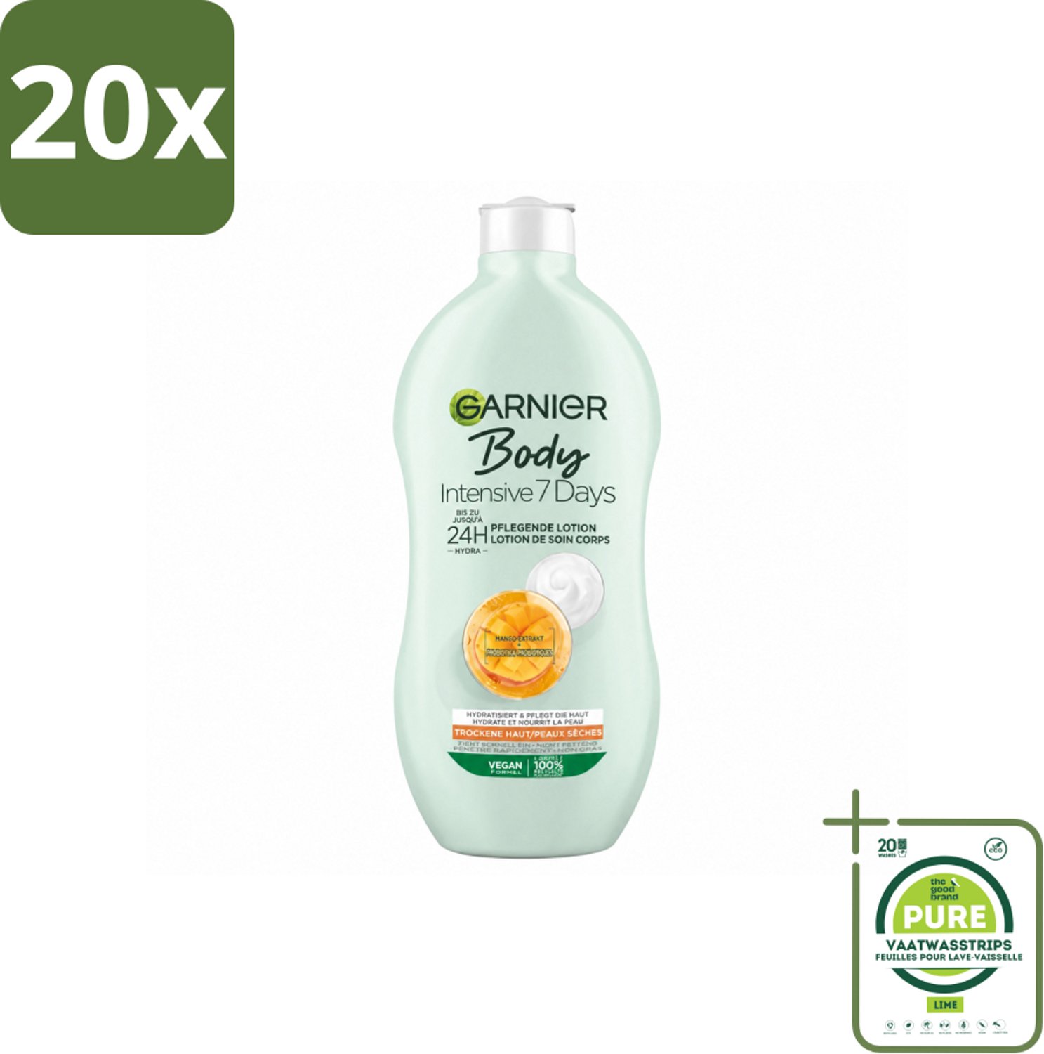 20 x Garnier - Body - Bodylotion - Intensive 7 Days - Verzorgend - Mango-extract & Probiotica - 400 ml - Grootverpakking - Vaatwasstrips - Lotion Voor Droge Huid - Intensieve Hydratatie - Mango Extract - Probiotica - Gezonde Huid