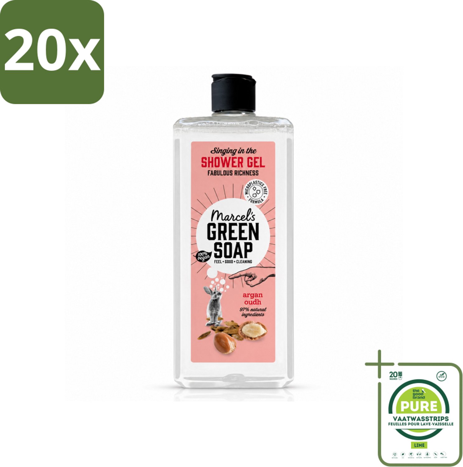 20 x Marcel's Green Soap - Douchegel - Argan & Oudh - Verzorgend & zacht - 300 ml - Grootverpakking - Vaatwasstrips - Douchegel - Argan - Oudh - Natuurlijke Douchegel - Vegan Douchegel