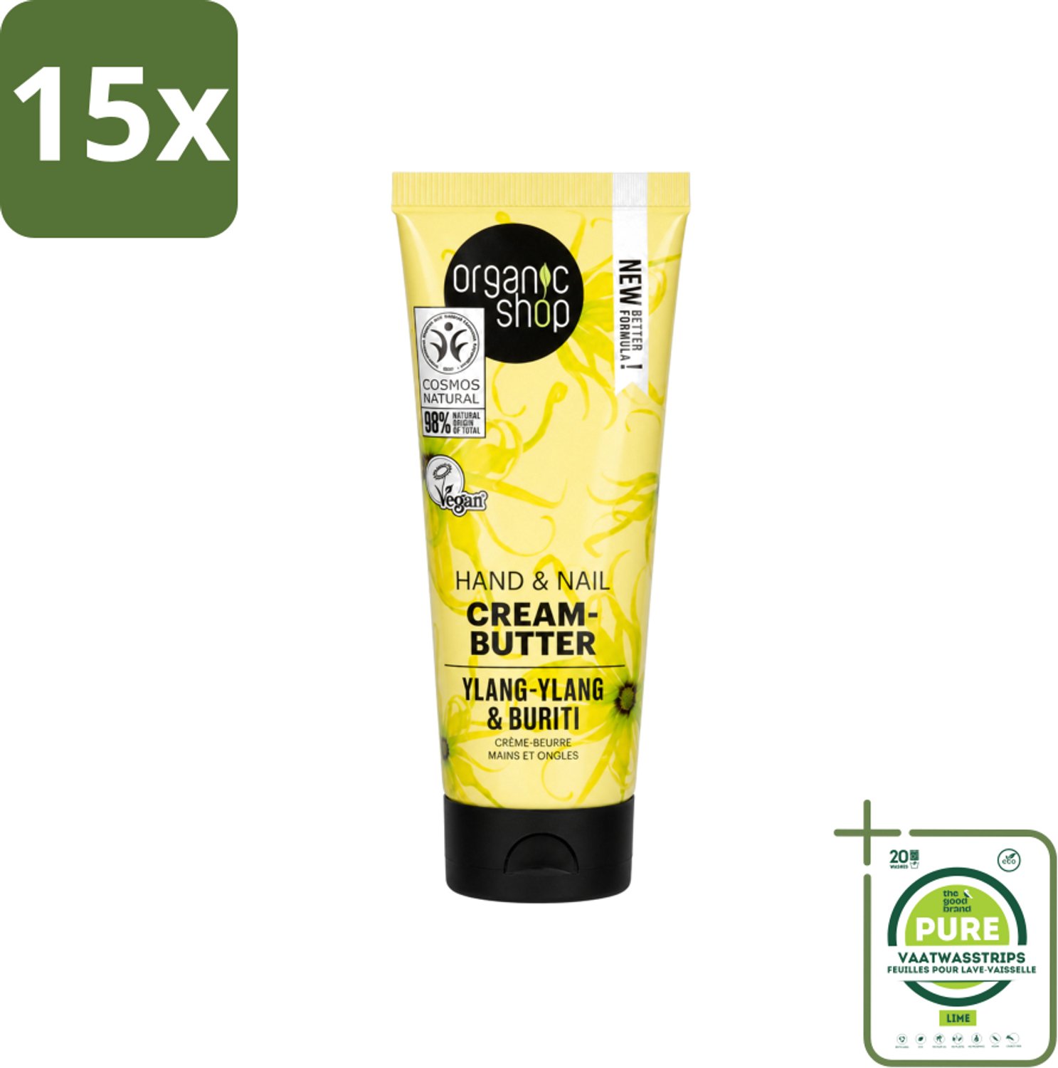 15 x Organic Shop - Ylang-Ylang & Buriti Hand & Nail Cream - Verzachtend en Herstellend - 75 ml - Grootverpakking - Vaatwasstrips - Handcrème - Nagelcrème - Ylang-ylang - Buriti Olie - Natuurlijke Handverzorging