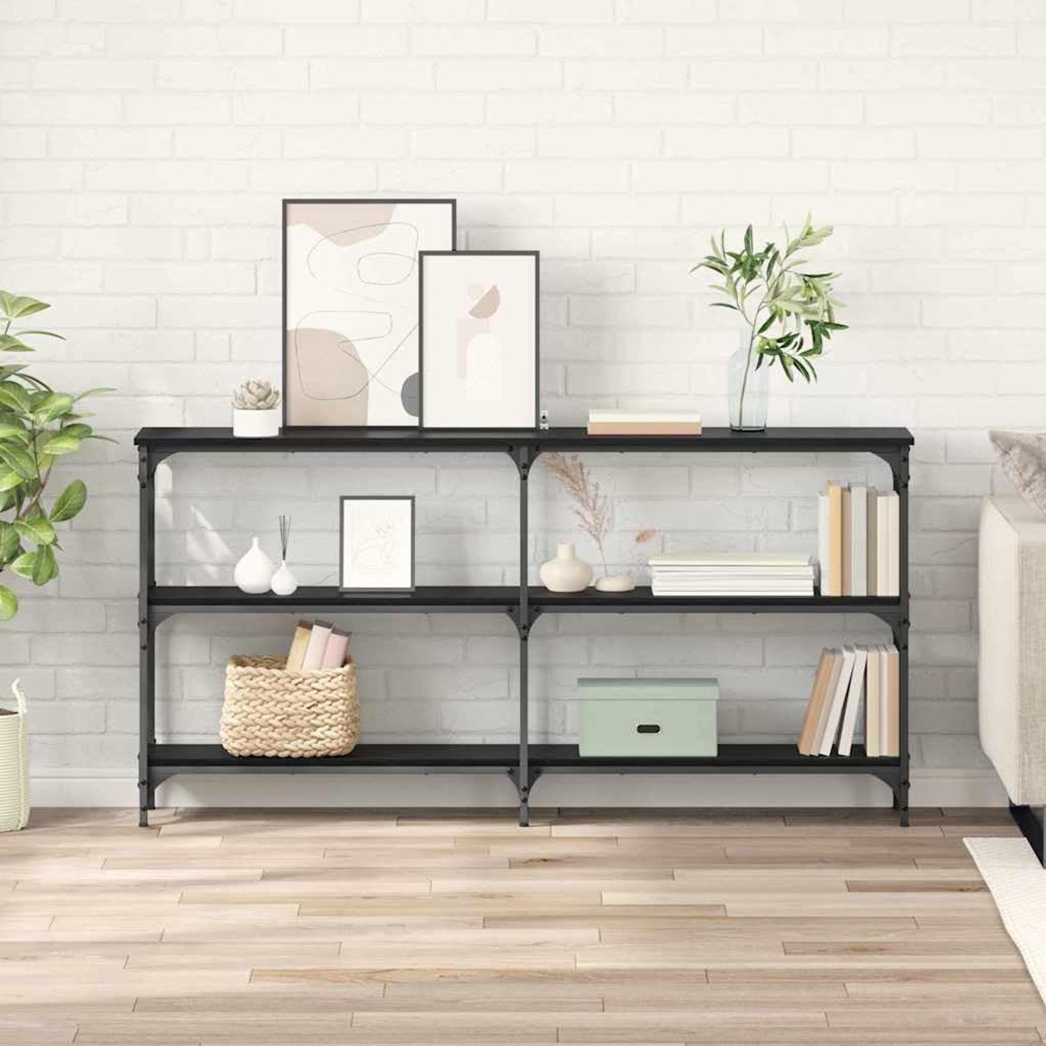 Consoletafel zwart eiken look 150 x 29 x 75 cm met stalen frame en planken voor moderne woonruimtes, smal profiel voor gangen, robuuste materialen