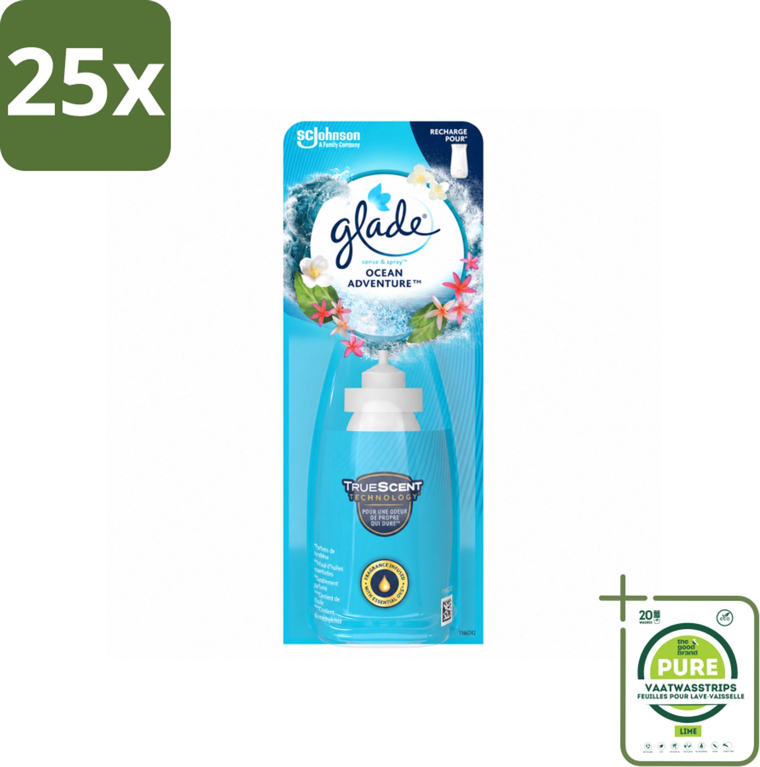 25 x Glade - Sense & Spray - Ocean Adventure - 18 ml - Grootverpakking - Vaatwasstrips - Zeegeur - Citroengeur - Bloemengeur - Geurverspreiding - Bewegingssensor