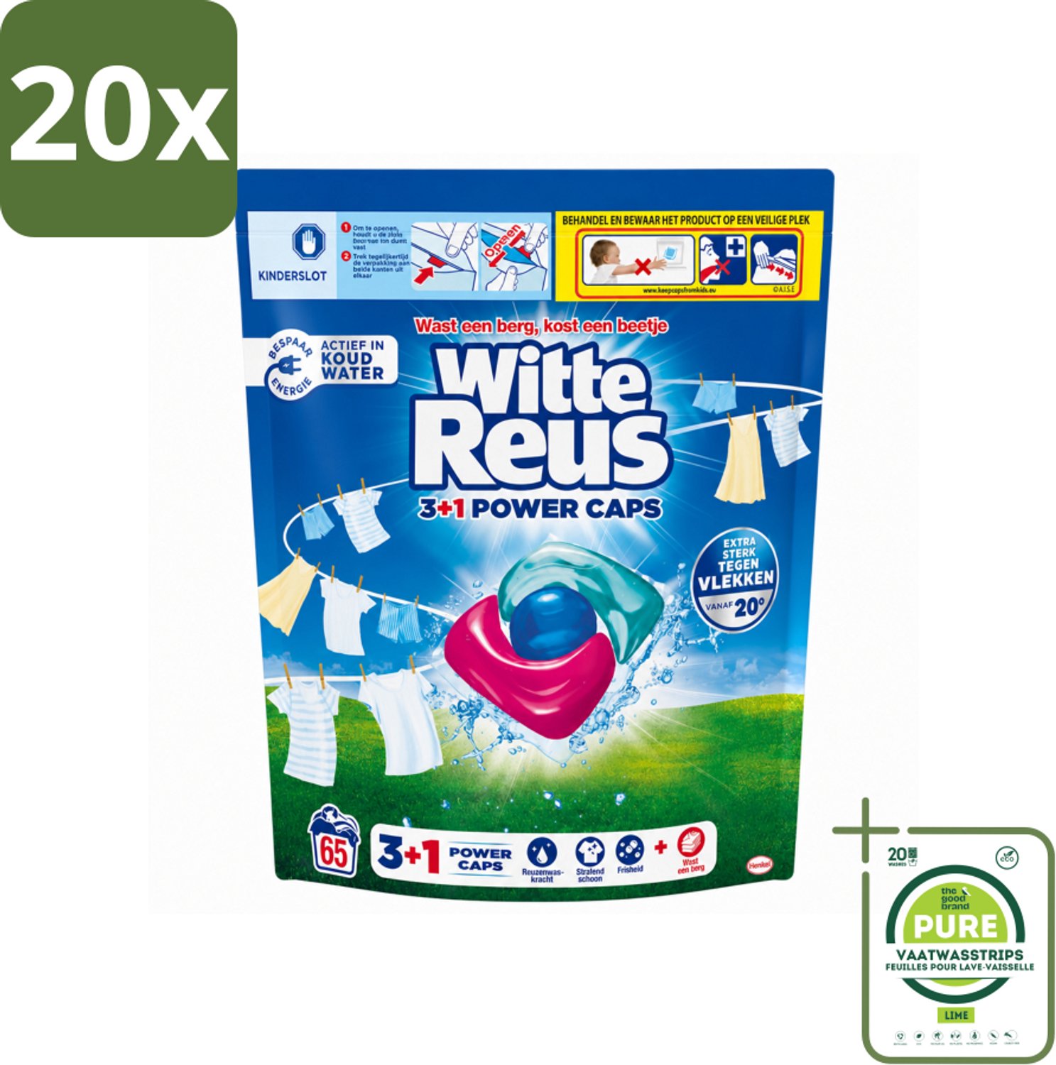 20 x Witte Reus - 3+1 Power Caps - Witte Was - 65 Wasbeurten - Grootverpakking - Vaatwasstrips - Witte Reus Power Caps - Wascapsules - Reiniging - Frisheid - Vlekverwijdering