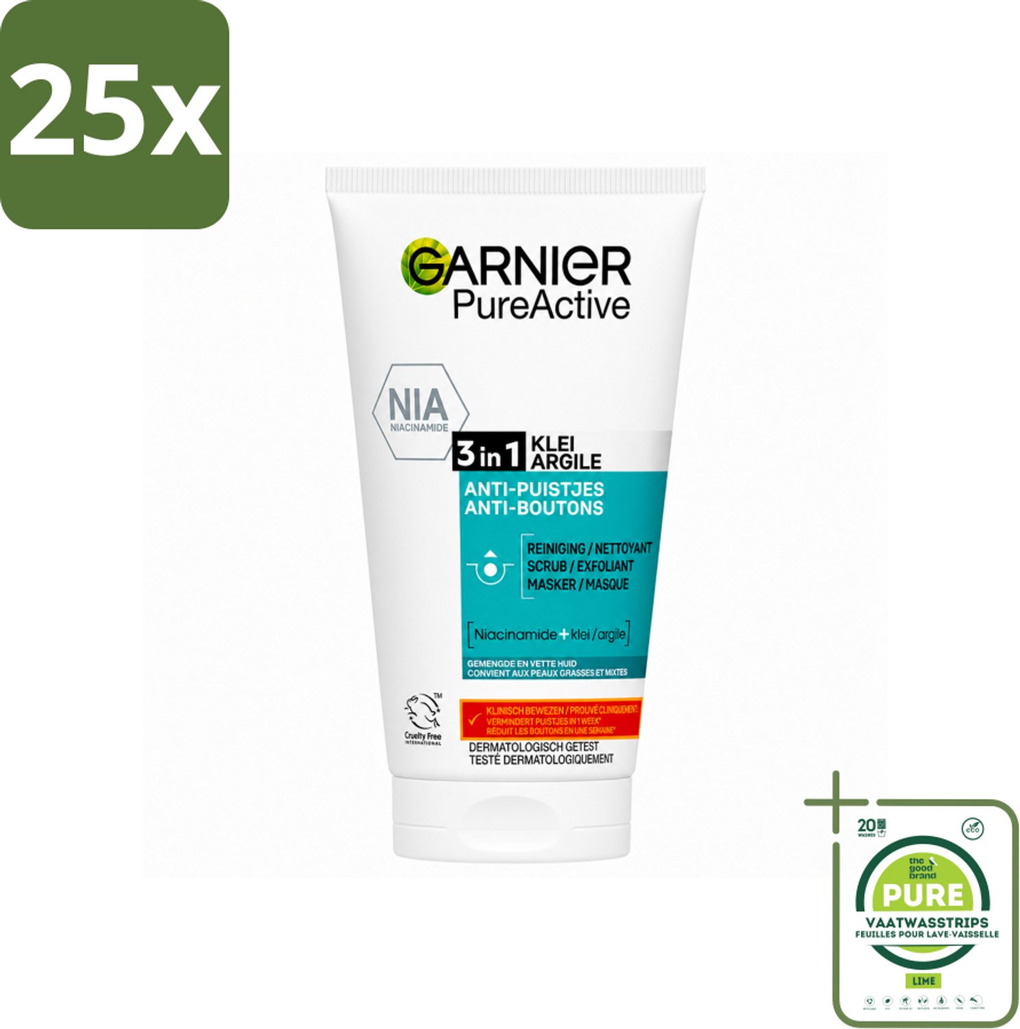 25 x Garnier - Pure Active - 3-in-1 Reiniging Scrub Masker - Tegen Puistjes & Onzuiverheden - Klei & Niacinamide - 150 ml - Grootverpakking - Vaatwasstrips - 3-in-1 Reiniging - Puistjes - Mee-eters - Huid Reinigen - Matte Huid
