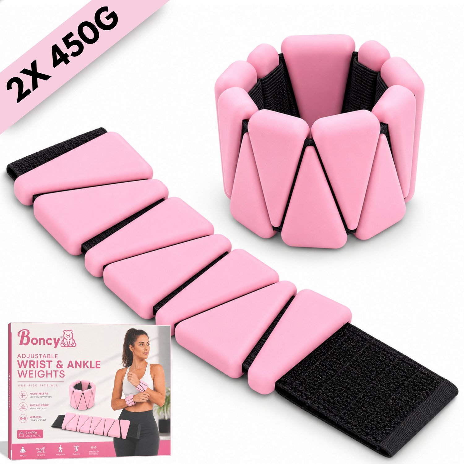 Boncy® Enkelgewichten en Polsgewichten - 2 x 450g Siliconen Gewichten voor Pols & Enkel, Arm & Been - Enkelgewicht Polsgewicht Gewichtjes - Ankle & Wrist Weights Gewichtsmanchetten Verstelbaar - Pilates Fitness Yoga Krachttraining Wandelen Hardlopen