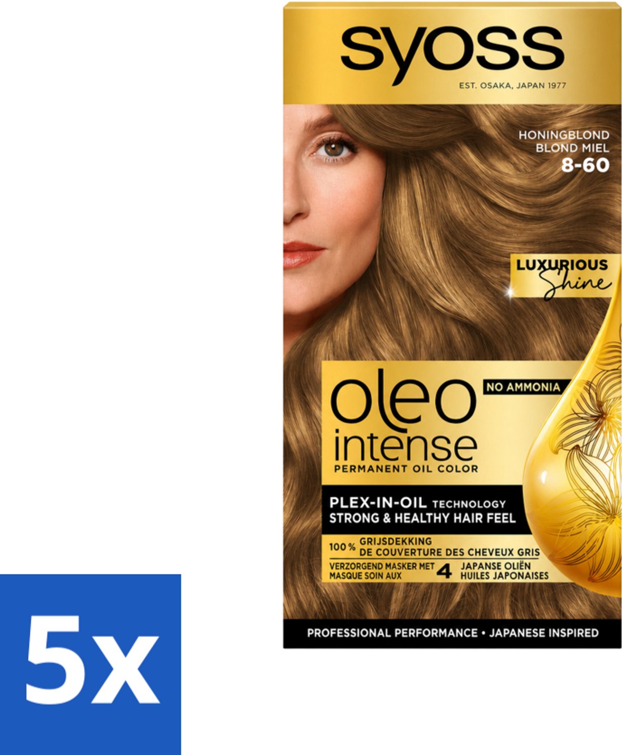 5 x SYOSS - Oleo Intense 8-60 Honing Blond - Haarverf - Zonder Ammoniak - Grijsdekking - Langdurige Kleur - Voordeelverpakking - 5 stuks