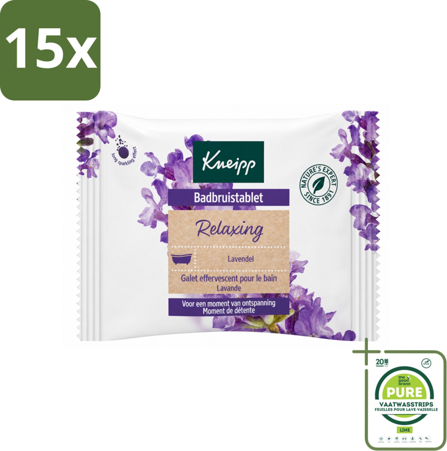 15 x Kneipp - Badbruistablet - Lavendel - Grootverpakking - Vaatwasstrips - Badbruistablet Lavendel - Ontspanning - Stressvermindering - Rust - Natuurlijke Badolie