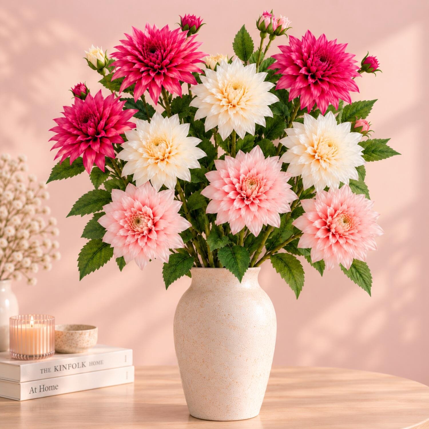 Mica Decorations Boeket Kunstbloemen Dahlia's - H75 cm - 3 kleuren mix - 9x stelen kunstbloemen - gekleurde bloemetjes Multi