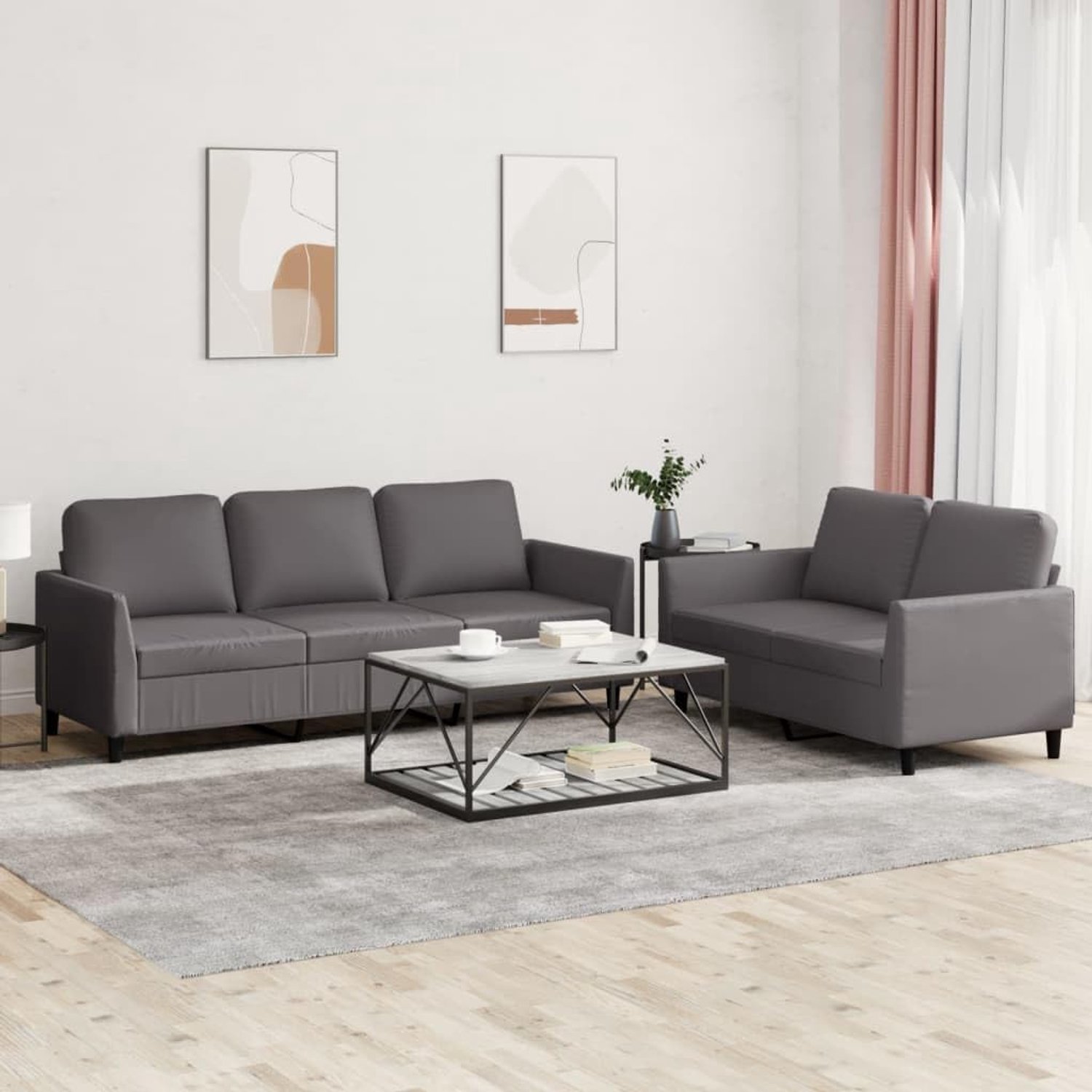 2-delige bankset met kussen grijs kunstleer, duurzame vuilafstotende sofa set met robuust frame voor woonkamer, comfortabele bekleding en luxe look, modern