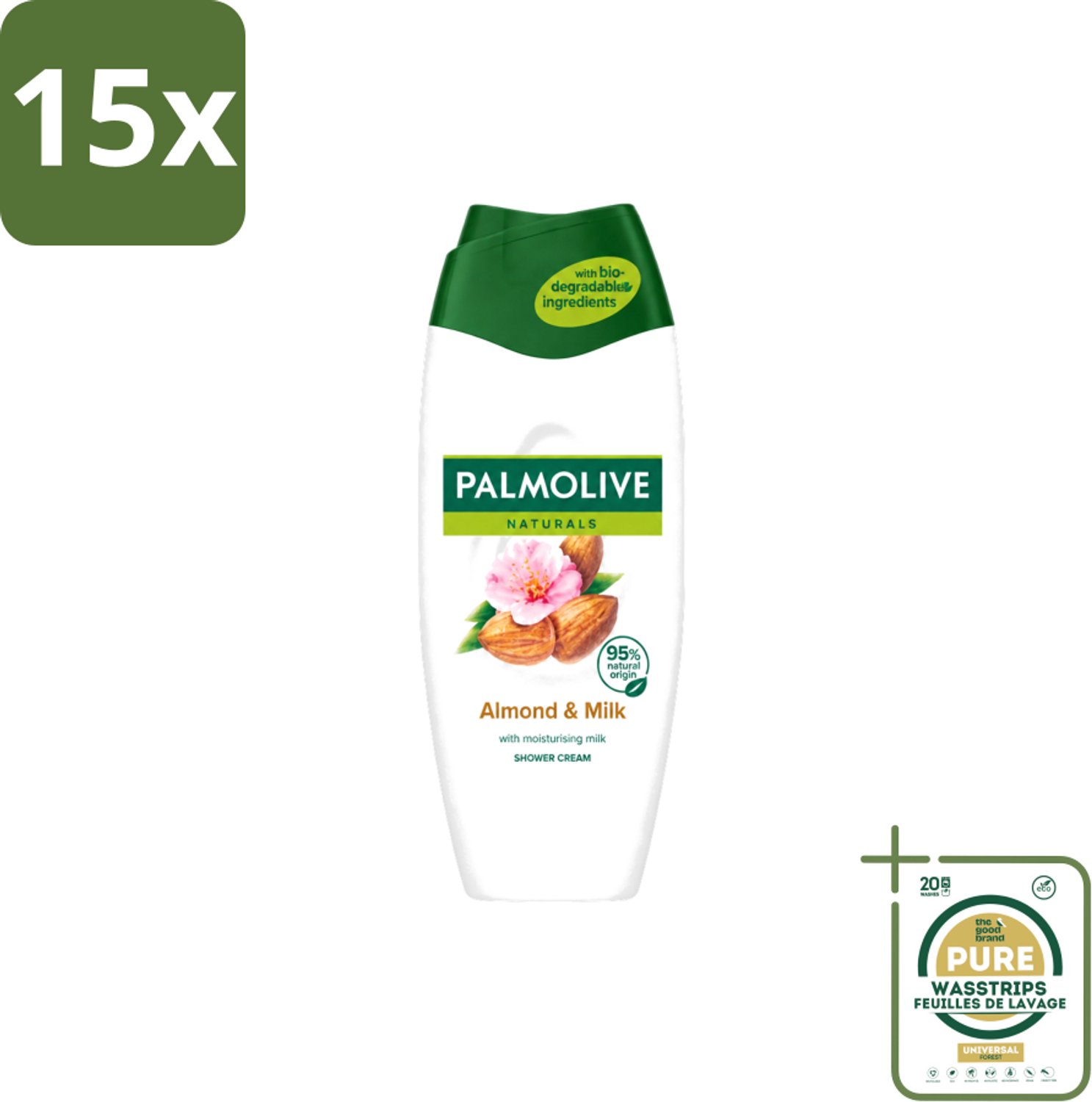 15 x Palmolive – Douchecrème – Naturals Almond & Milk – 500 ml - Wasstrips - Douchecrème - Amandel - Melk - Huid Verzorging - Mild Reinigen