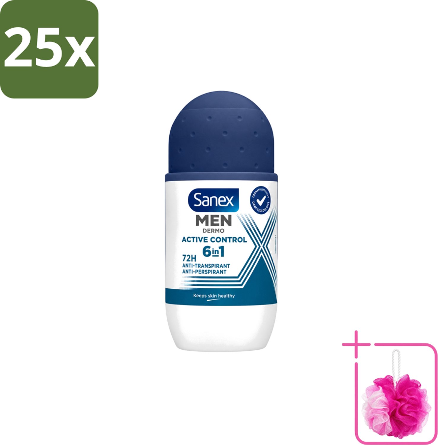 25 x Sanex Men – Deo Roll-on – Active Control – 53 ml - Bulkverpakking - Deodorant voor mannen - Douchemop - Zweetbehandeling