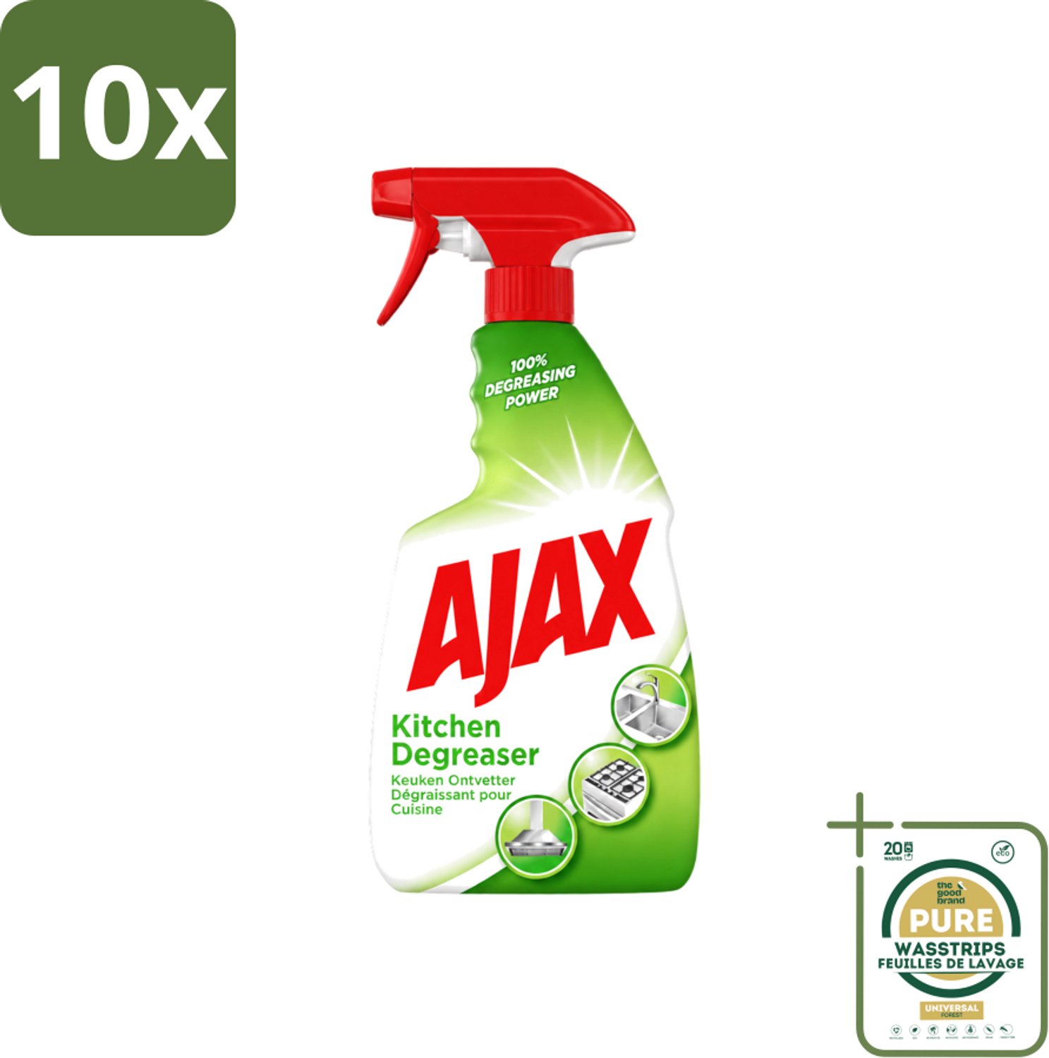 10 x Ajax - Keuken Ontvetter Spray - Verwijdert Hardnekkig Vet - 750 ml - Wasstrips - Keuken Ontvetter - Vet Verwijderen - Keuken Reinigen - Hardnekkig Vet - Keuken Schoonmaken