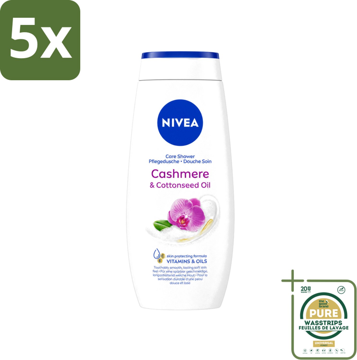 5 x Nivea - Douche Cashmere Moments - Beschermend - 250 ml - Wasstrips - Douchegel Cashmere - Beschermende Douchegel - Cashmere Geur - Huid Verzorgen - Huid Hydraatatie