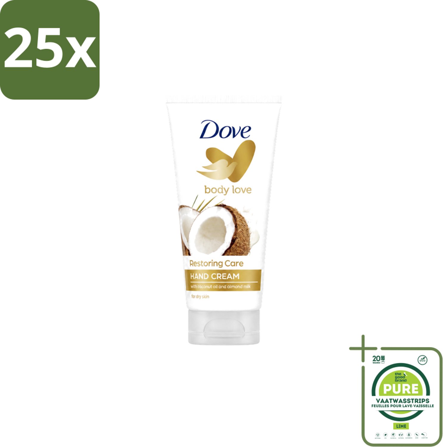 25 x Dove - Handcrème - Body Love Restoring Care - Kokos & Almond - Hydraterend - Droge huid - 75 g - Grootverpakking - Vaatwasstrips - Handcrème - Droge Huid - Hydraterende Crème - Kokos En Amandel - Huidverzorging