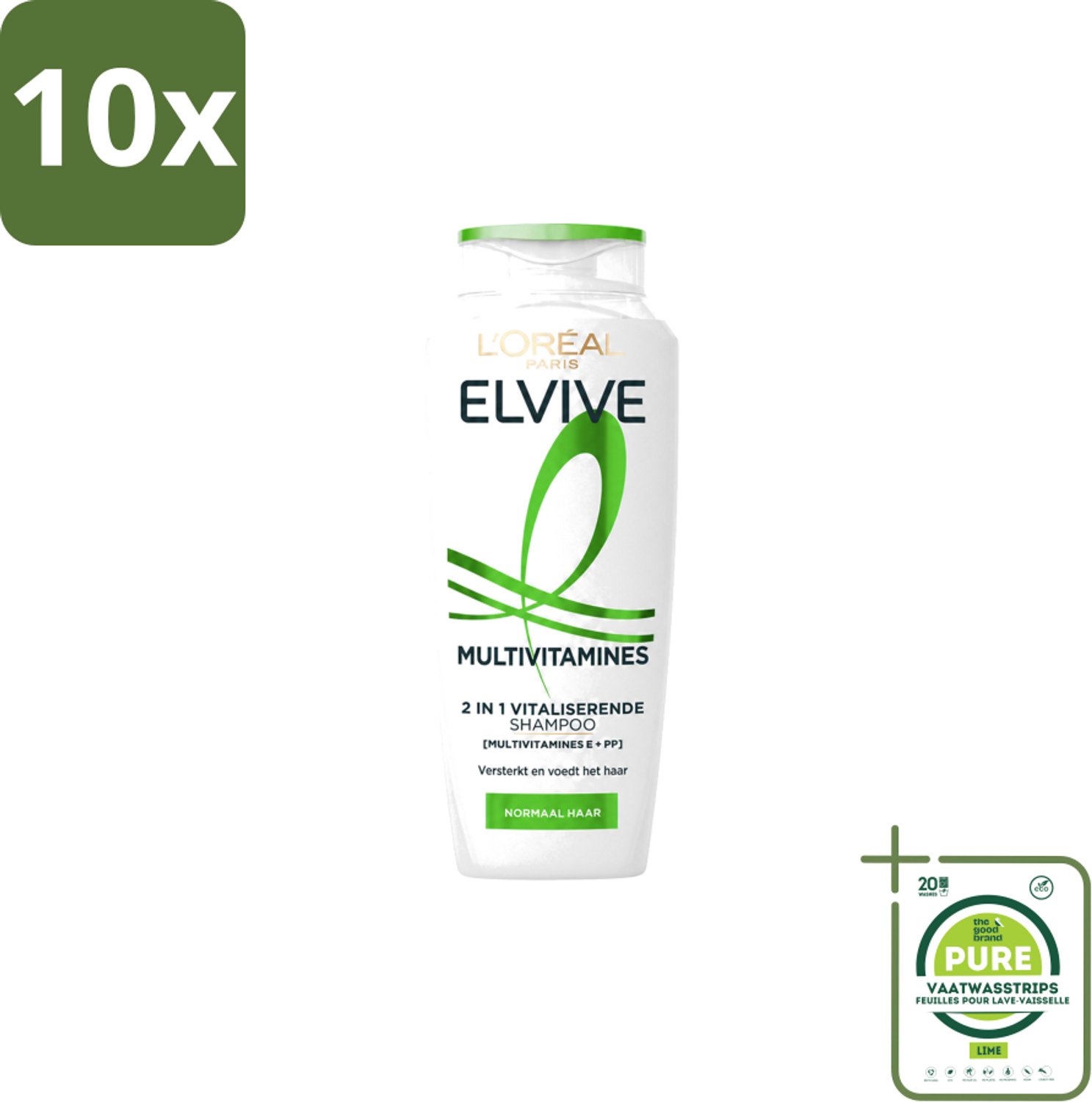 10 x L’Oréal Paris Elvive – Shampoo – Multivitamines 2-in-1 – 250 ml - Grootverpakking - Vaatwasstrips - Haarverzorging - Krachtig Haar - Vitaliteit Haar - Multivitamine Shampoo - 2-in-1 Shampoo