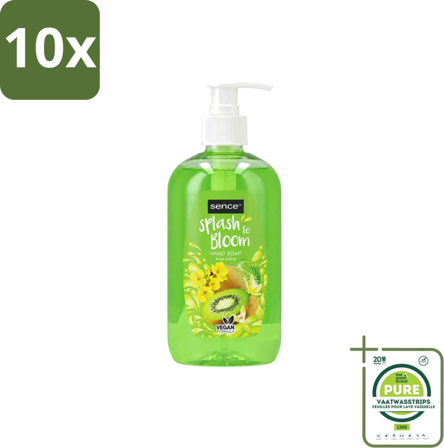 10 x Sence – Handzeep – Splash To Bloom Kiwi – 500 ml - Grootverpakking - Vaatwasstrips - Handzeep - Handen Reinigen - Handen Hydrateren - Kiwi Geur - Natuurlijke Handzeep
