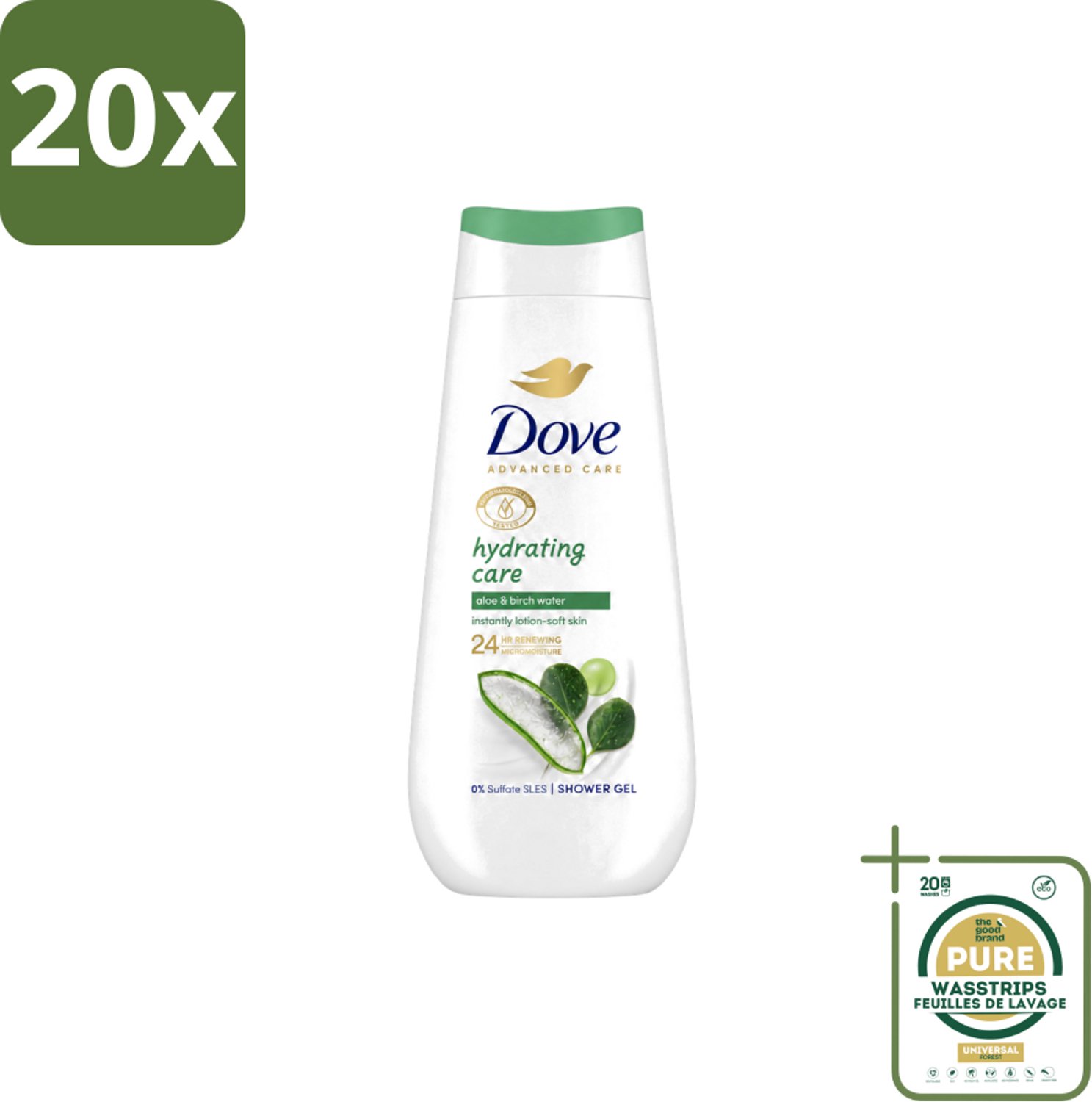 20 x Dove – Douchecrème – Hydrating Care – 225 ml - Wasstrips - Douchecrème - Hydratatie - Droge Huid - Aloë Vera - Berkenwater