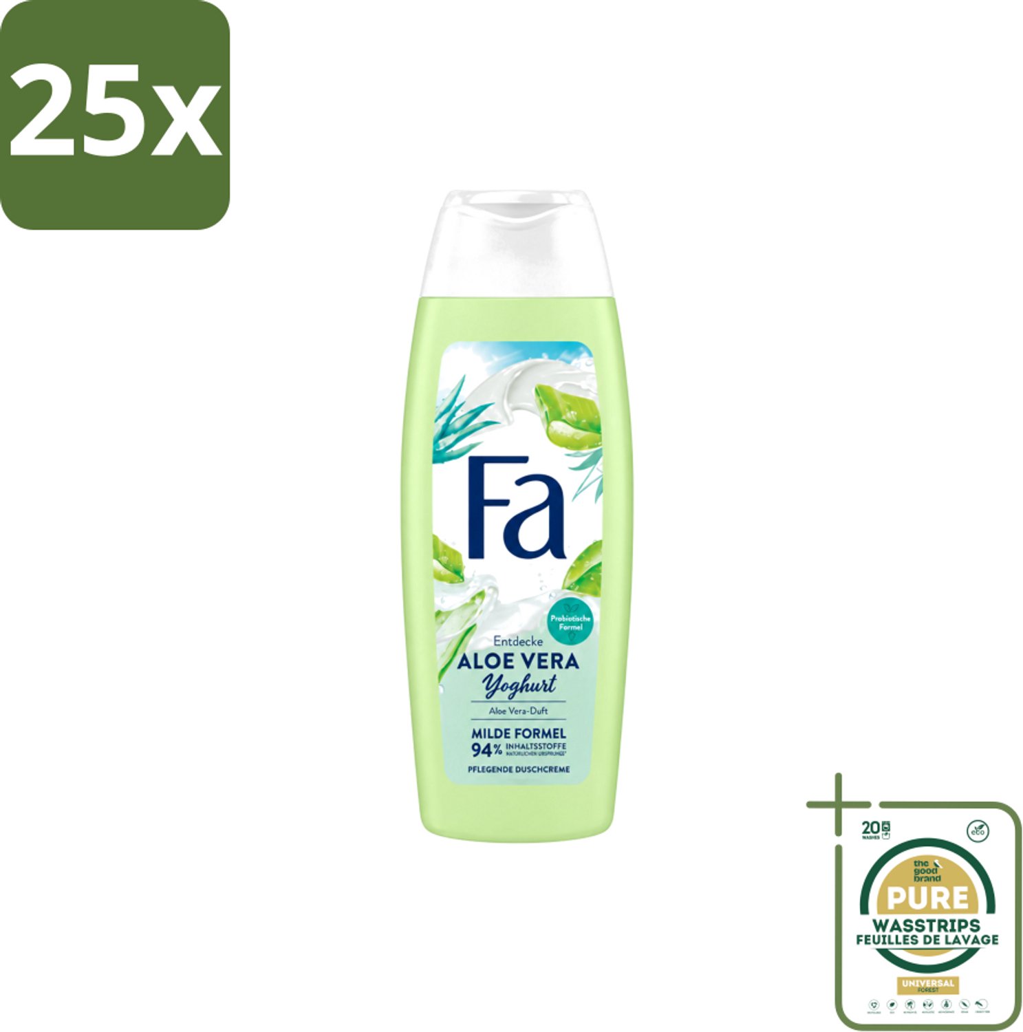 25 x Fa – Douchegel – Yoghurt Aloe Vera – 250 ml - Wasstrips - Douchegel Yoghurt Aloë Vera - Milde Reiniging - Hydraterende Douchegel - Verzorgende Douchegel - Gevoelige Huid