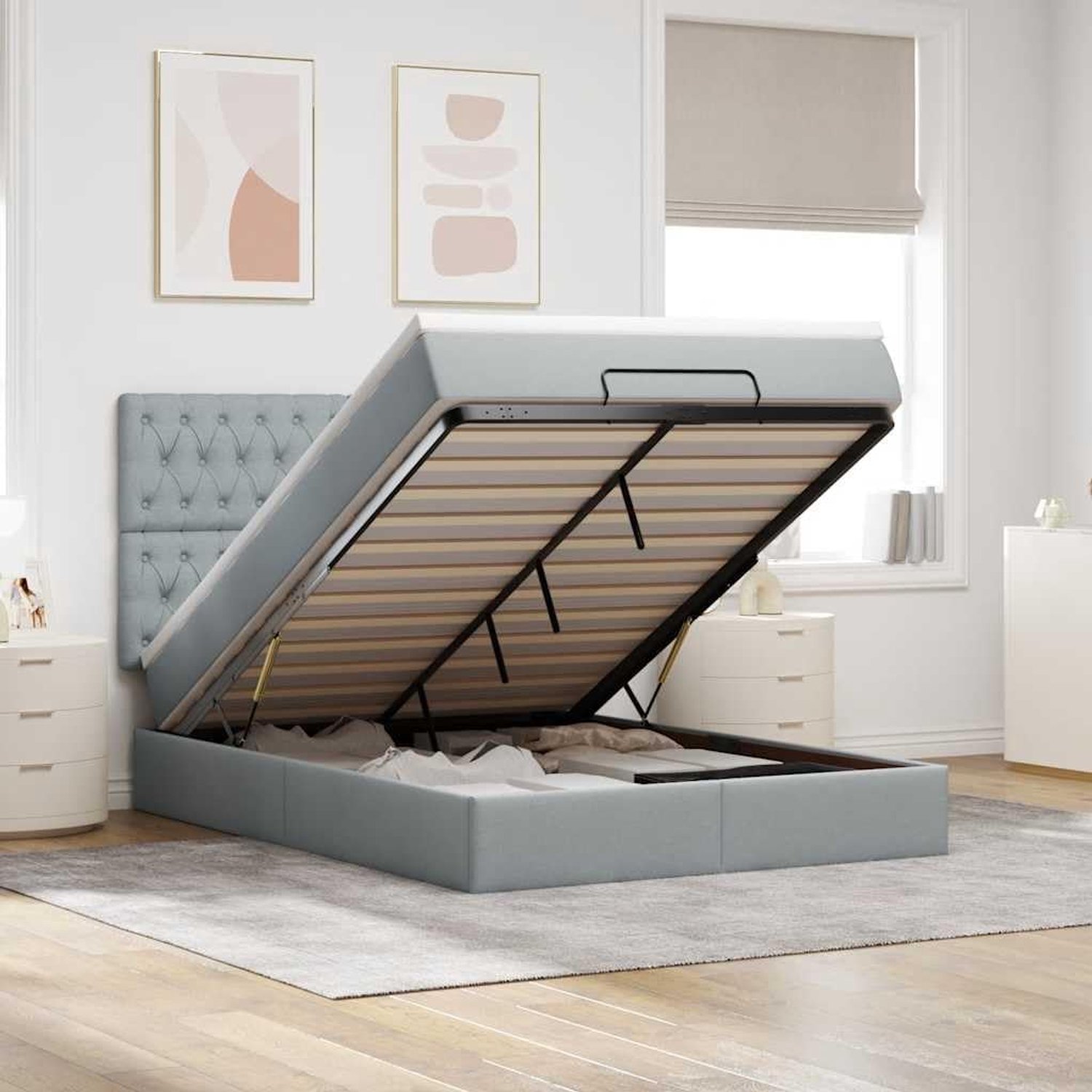 Opbergbed met pocketveringmatras polyestermateriaal lichtgrijs 140x190 cm