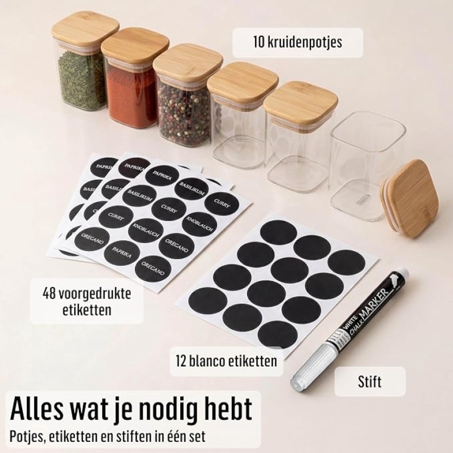 Nazik Living Set van 10 Vierkante Glazen Kruidenpotjes met Bamboe Deksels en Etiketten