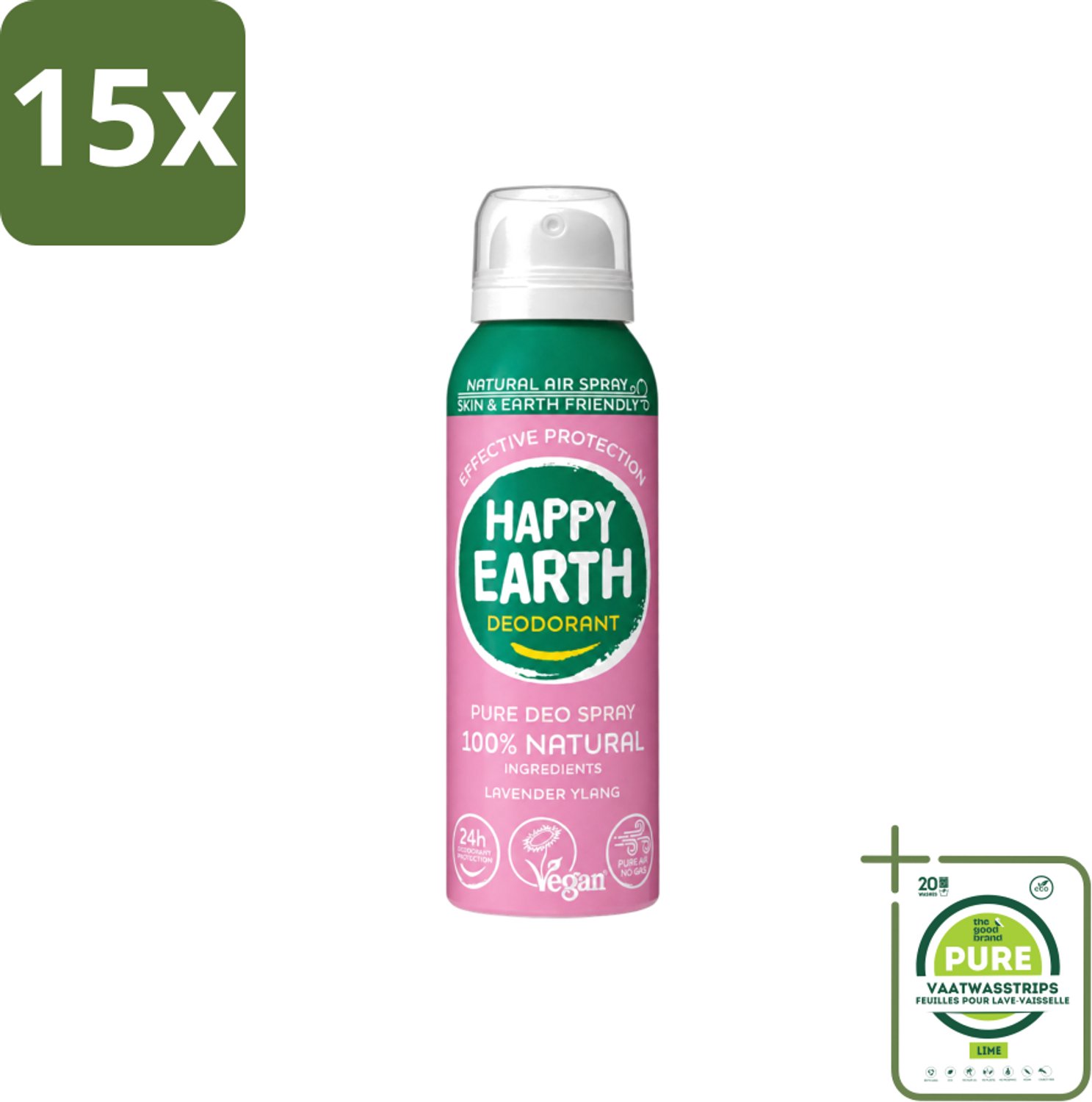 15 x Happy Earth – Deodorant Spray – 100% Natuurlijk Lavender Ylang – 100 ml - Grootverpakking - Vaatwasstrips - Natuurlijke Deodorant Spray - Luchtdeodorant - Frisse Geur - Lavendel - Ylang-ylang