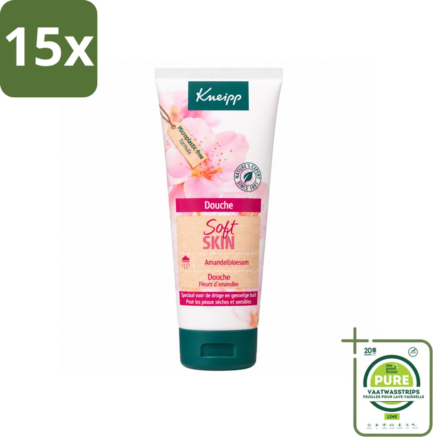 15 x Kneipp – Amandel – Douche – 75 ml - Grootverpakking - Vaatwasstrips - Douchegel - Amandelolie - Sheabutter - Droge Huid - Gevoelige Huid
