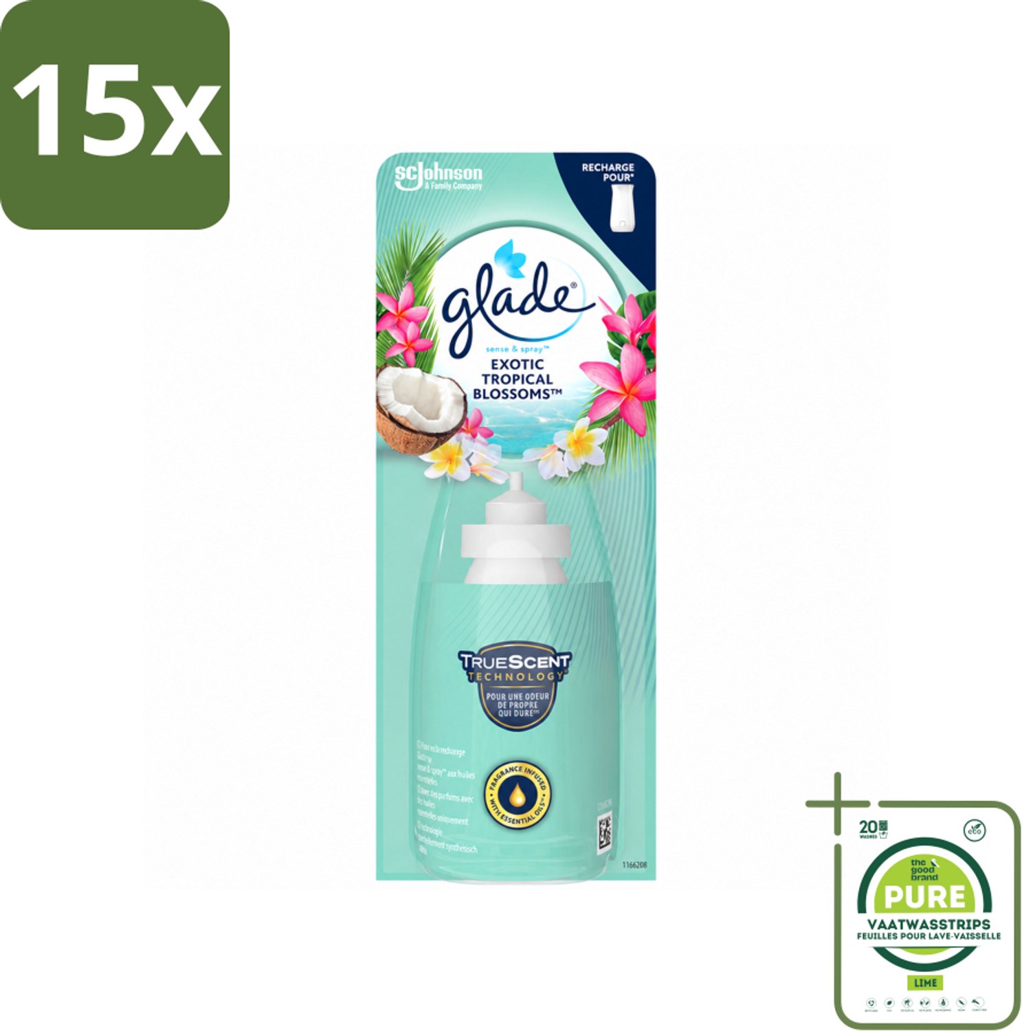 15 x Glade – Sense & Spray Navulling – Exotic Tropical Blossoms – 18 ml - Grootverpakking - Vaatwasstrips - Tropische Geur - Bewegingssensor - Kokos En Bloemen - Luchtverfrisser - Exotische Geur