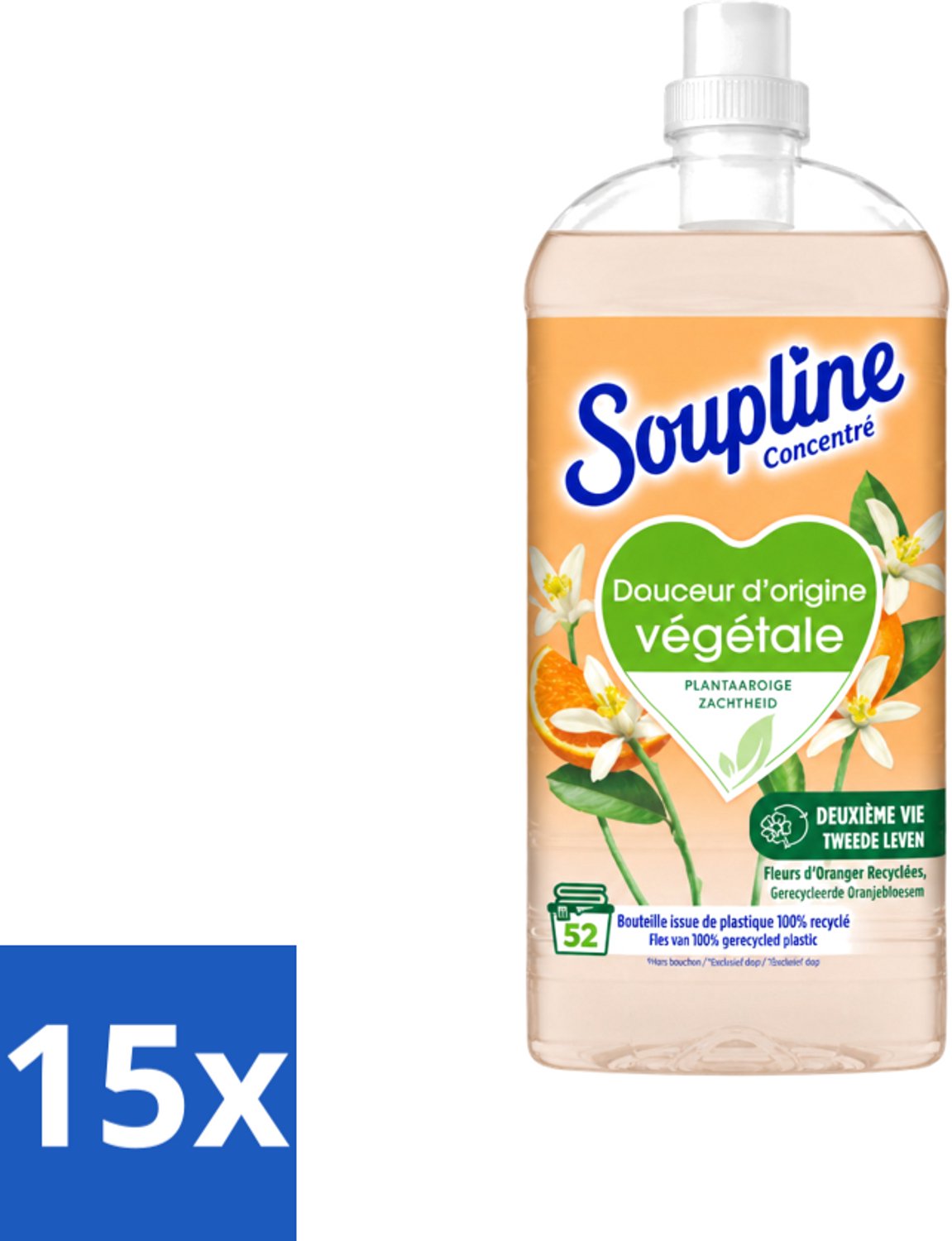 15 x Soupline - Wasverzachter - Oranjebloesem - 52 Wasbeurten - 1.3L - Voordeelverpakking - 15 stuks