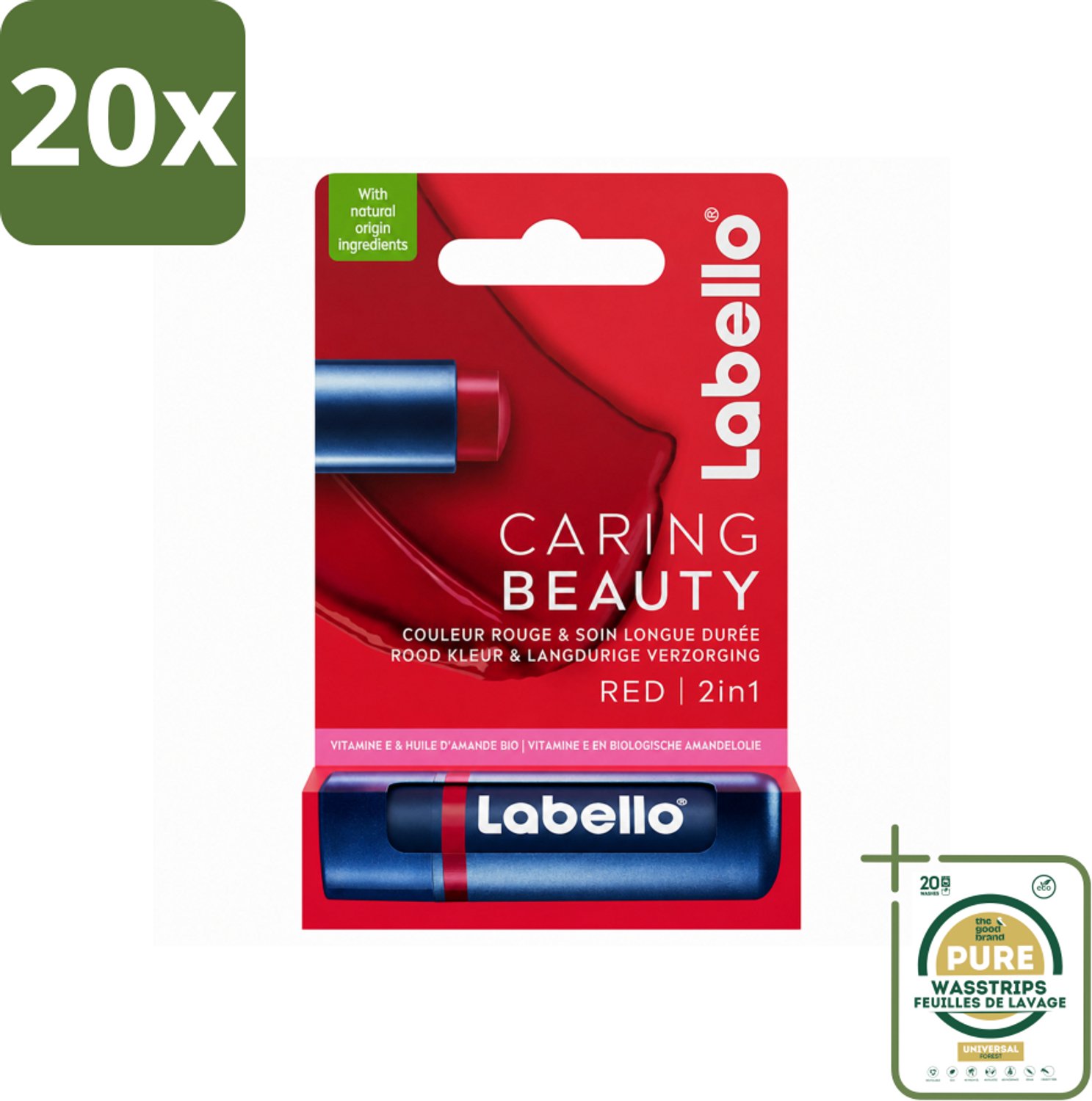 20 x Labello –Lippenbalsem – Caring Beauty Red – 5,5 ml - Wasstrips - Lippenbalsem - Verzorging - Kleur - Hydraatatie - Natuurlijke Ingrediënten