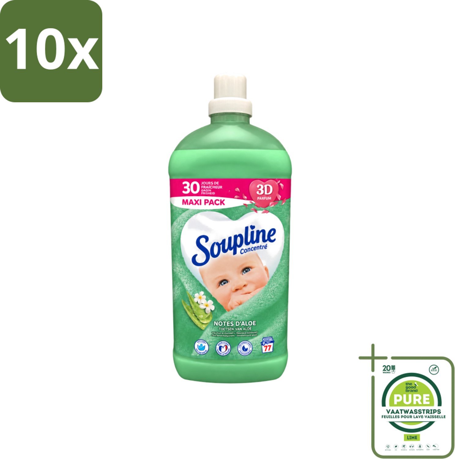 10 x Soupline - Wasverzachter - Aloë Vera Concentraat - 77 Wasbeurten - Grootverpakking - Vaatwasstrips - Wasverzachter Aloë Vera - Wasverzachter Voor Kleding - Aloë Vera Wasverzachter - Zachte Wasverzachter - Wasverzachter Voor Gezin