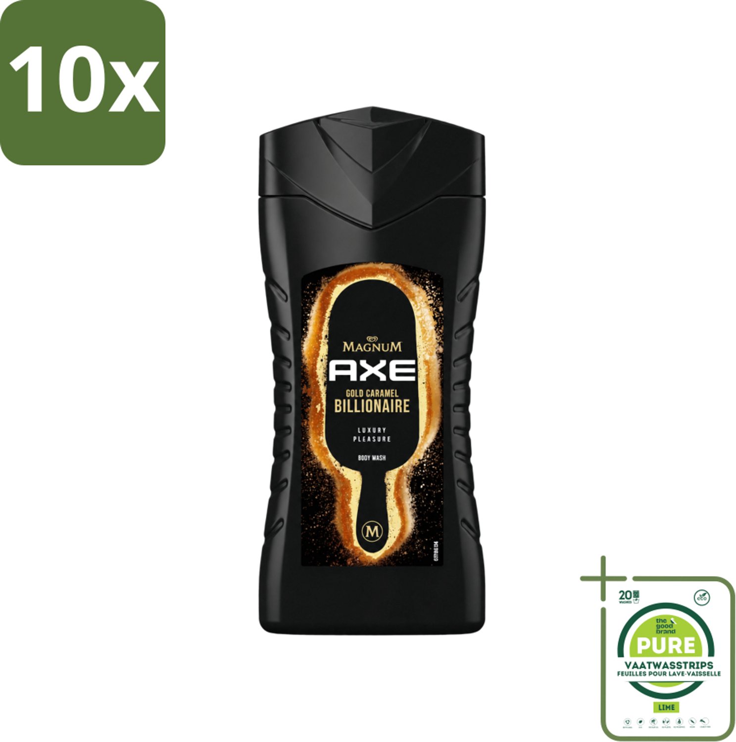 10 x Axe X Magnum - Douchegel - Gold Caramel Billionaire - 250 ml - Grootverpakking - Vaatwasstrips - Douchegel - Lichaam - Gezicht - Haar - Chocolade