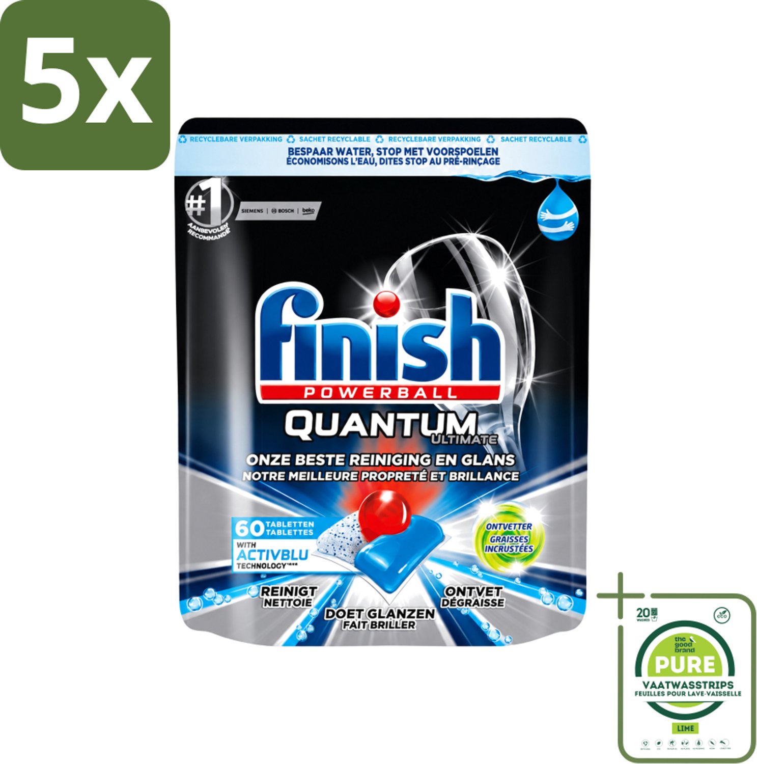 5 x Finish Powerball - Quantum Ultimate - Vaatwastabletten - Ontvetter - 60 Tabletten - Grootverpakking - Vaatwasstrips - Vaatwasmiddel - Vaatwastablet - Ontvetter - Vaat Reinigen - Vaatwasser