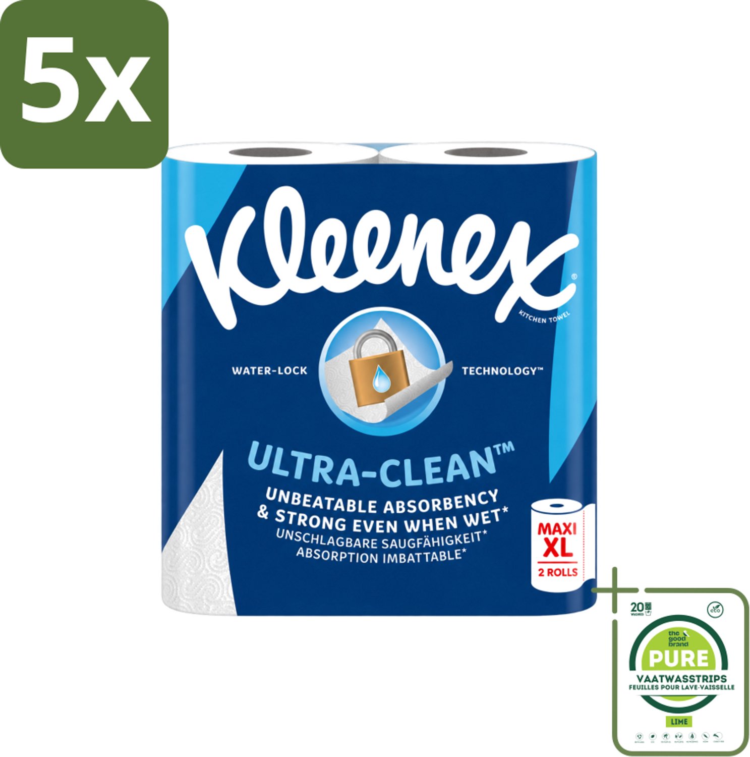 5 x Kleenex - Keukenpapier - Ultra Clean - Maxi XL - Absorberend - 2 Rollen - Grootverpakking - Vaatwasstrips - Kleenex Keukenpapier - Keukenpapier - Papier Handdoek - Absorptievermogen - Natte Omstandigheden