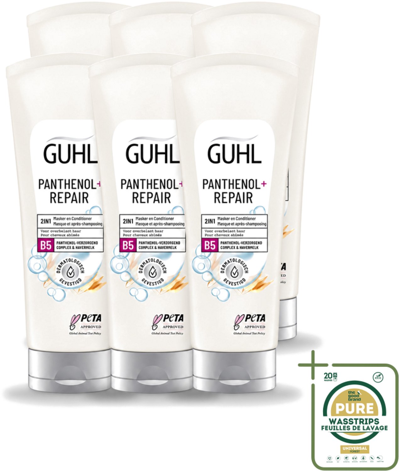 6 x Guhl – 2-in-1 Masker & Conditioner – Panthenol+Repair – 200 ml - Wasstrips - Haarmasker - Conditioner - Panthenol - Haarverzorging - Haarherstel