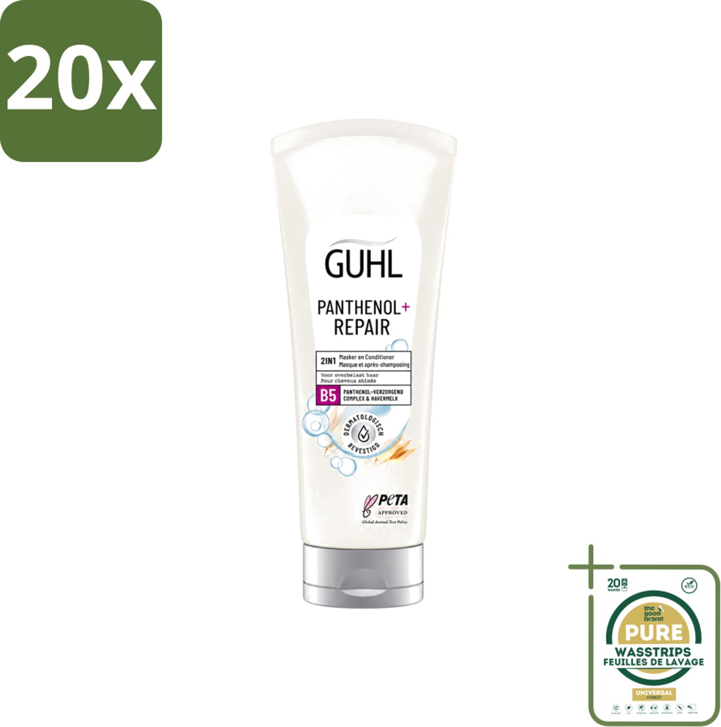20 x Guhl – 2-in-1 Masker & Conditioner – Panthenol+Repair – 200 ml - Wasstrips - Haarmasker - Conditioner - Panthenol - Haarverzorging - Haarherstel