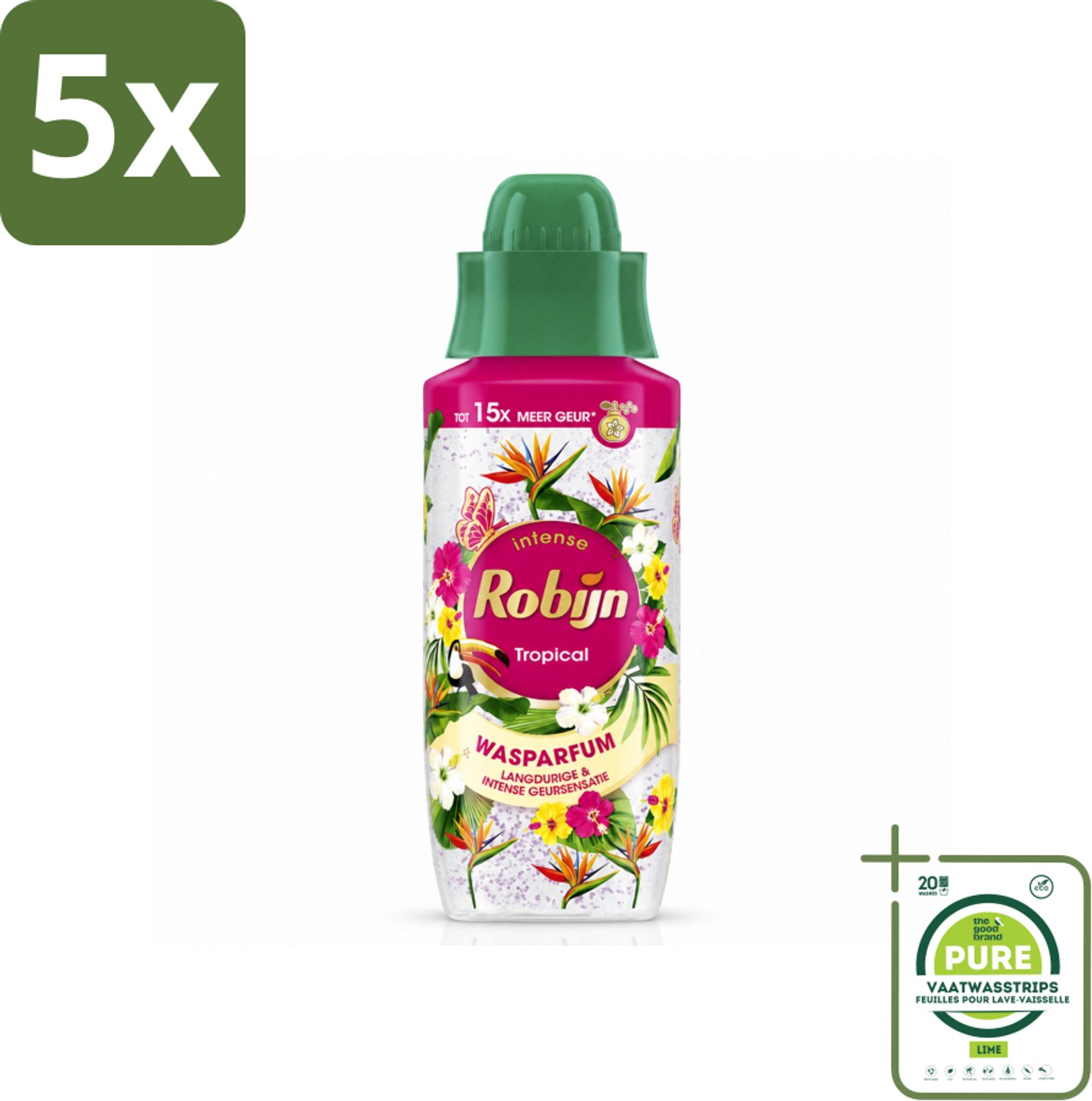 5 x Robijn – Wasparfum – Tropical – 342 ml - Grootverpakking - Vaatwasstrips - Wasparfum - Tropisch - Geur - Wasmiddel - Wasparfum Tropisch
