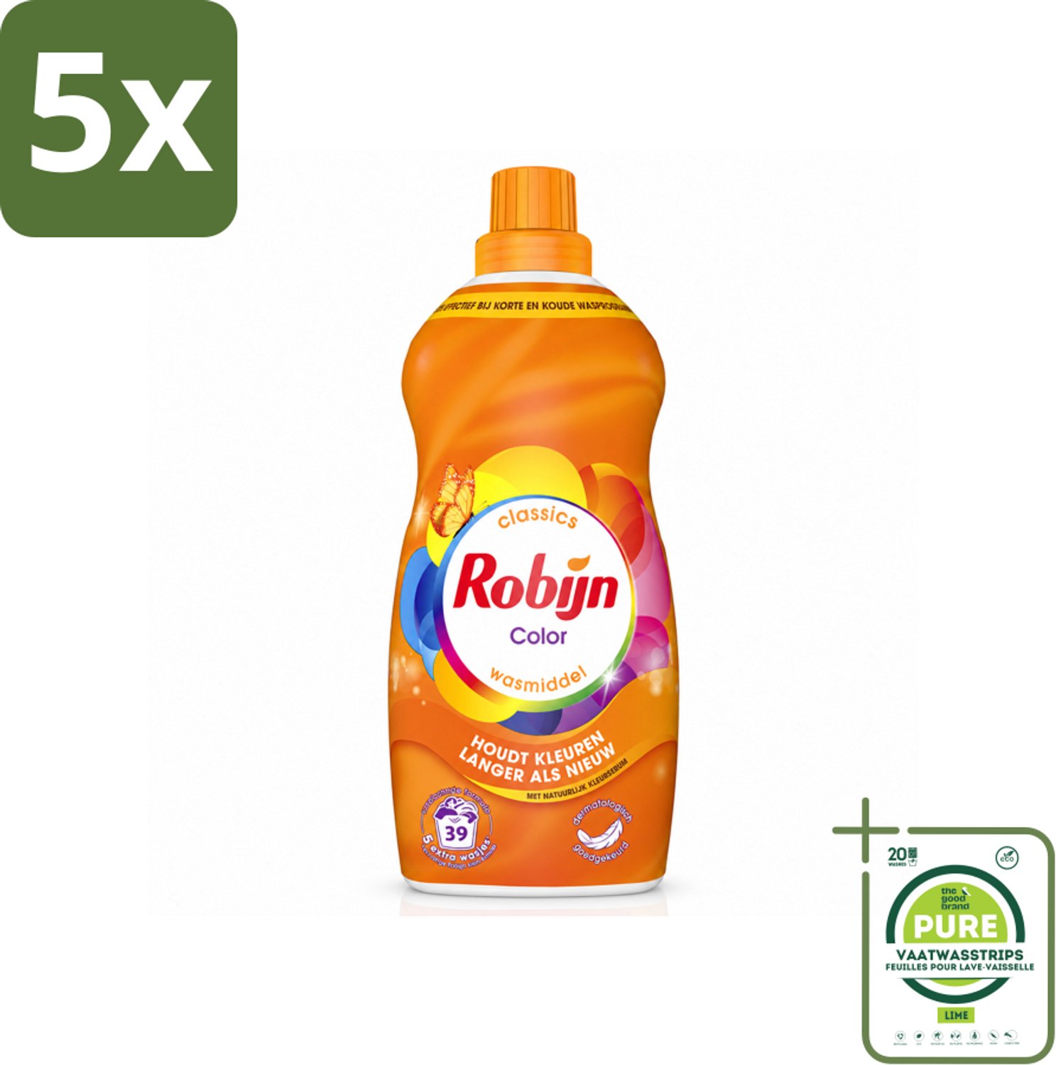 5 x Robijn – Vloeibaar Wasmiddel – Klein & Krachtig Color – 1,19 L - Grootverpakking - Vaatwasstrips - Kleurbehoud - Kleurherstel - Wasmiddel Kleur - Wasmiddel Voor Gekleurd Was - Koud Wasmiddel