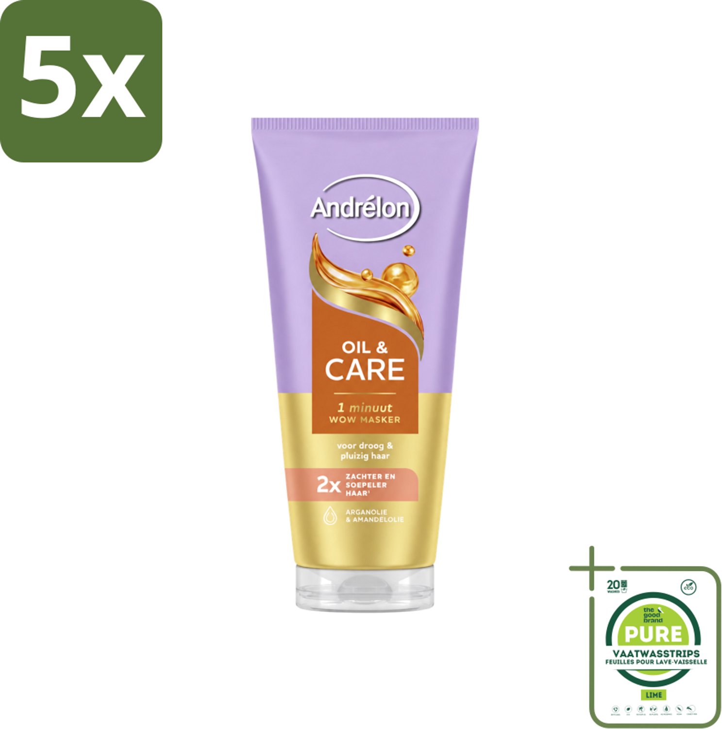 5 x Andrélon – Haarmasker WOW – Oil & Care – 180 ml - Grootverpakking - Vaatwasstrips - Haarmasker - Haar Verzorging - Droog Haar - Pluizig Haar - Arganolie