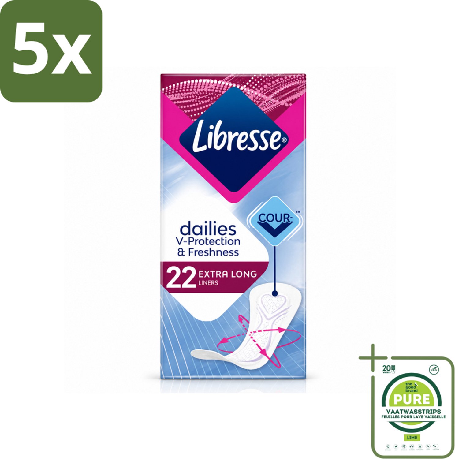 5 x Libresse – Inlegkruisjes – Extra Long – Langdurige bescherming – 22 Inlegkruisjes - Grootverpakking - Vaatwasstrips - Inlegkruisjes - Extra Lang - Bescherming - Comfort - Absorberend