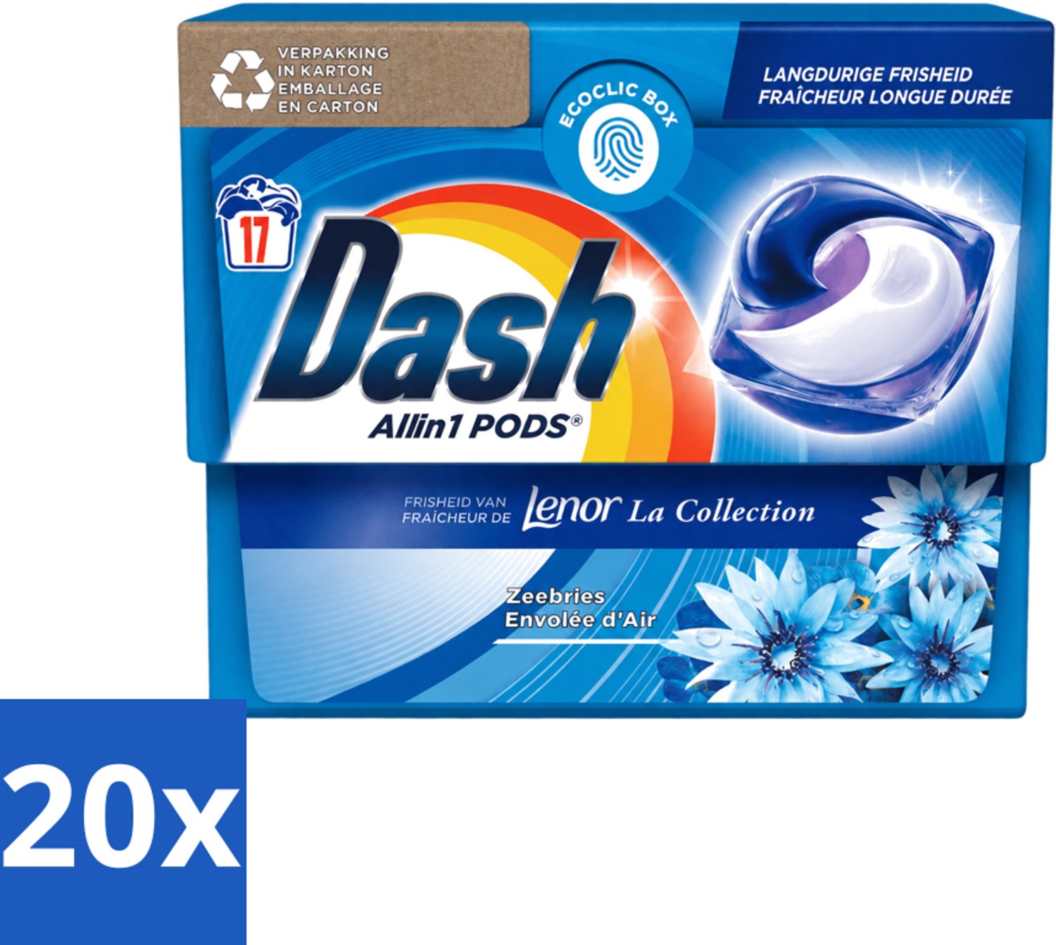 20 x Dash - Lenor Collectie - Wasmiddel Capsules - All-in-1 Pods - Witte en Gekleurde Was - Zeebries - 17 Wasbeurten - Voordeelverpakking - 20 stuks